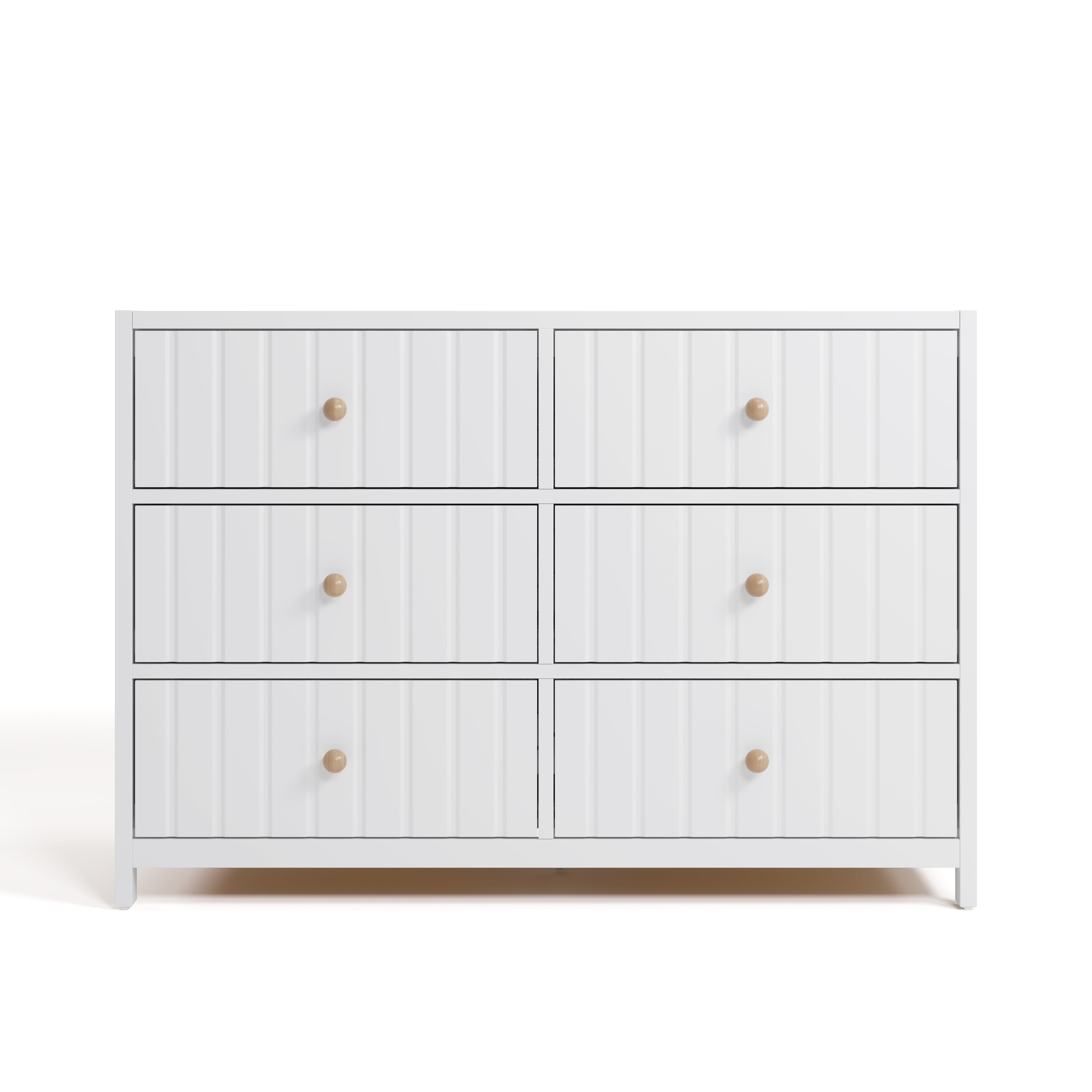 Teddi white 6 drawer dresser with driftwood knobs front view