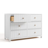 Teddi white 6 drawer dresser with driftwood knobs and top left drawer open