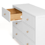 Teddi white 6 drawer dresser with driftwood knobs close up of top left drawer open