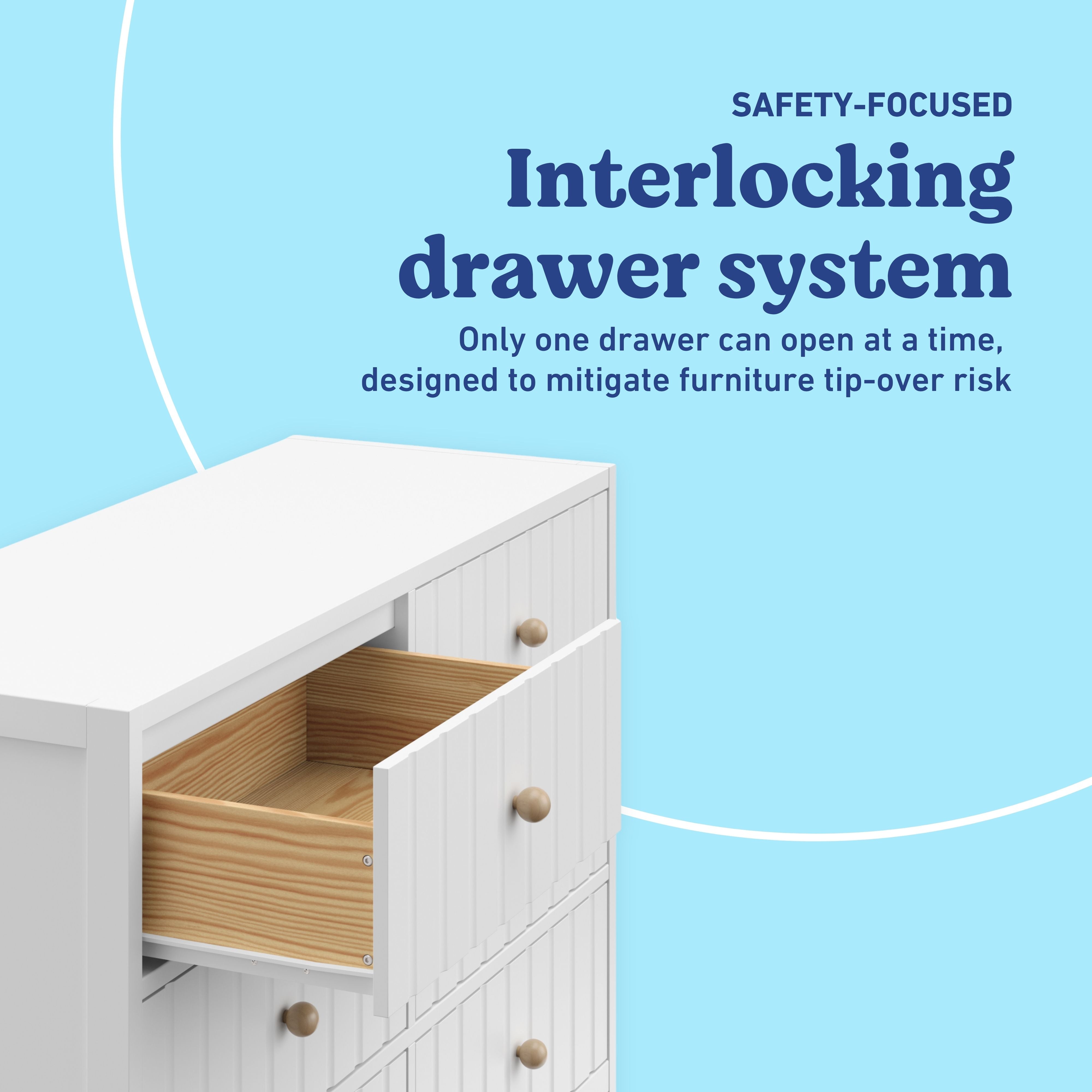 Teddi white 6 drawer dresser interlocking drawers callout