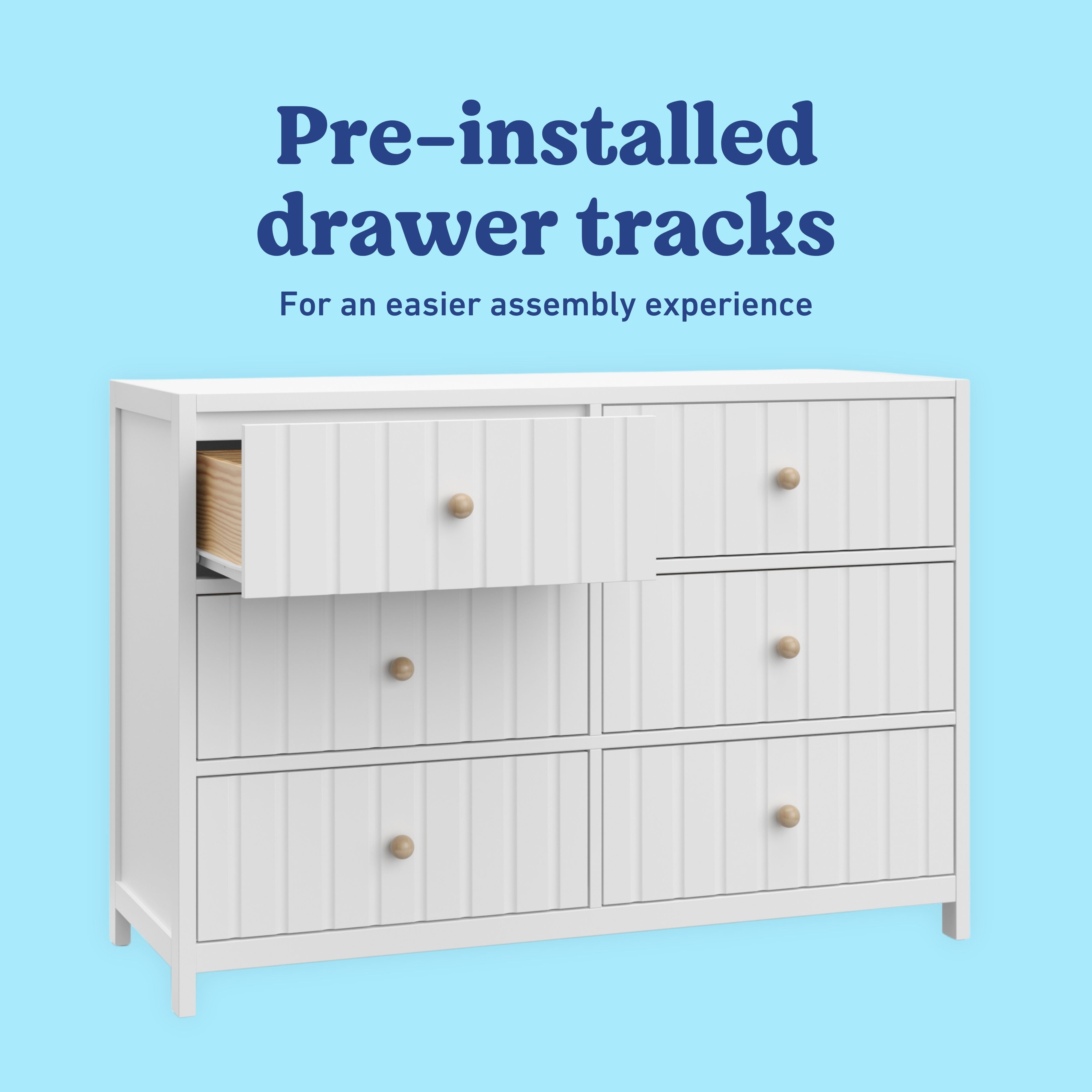 Teddi white 6 drawer dresser pre-installed drawer tracks callout