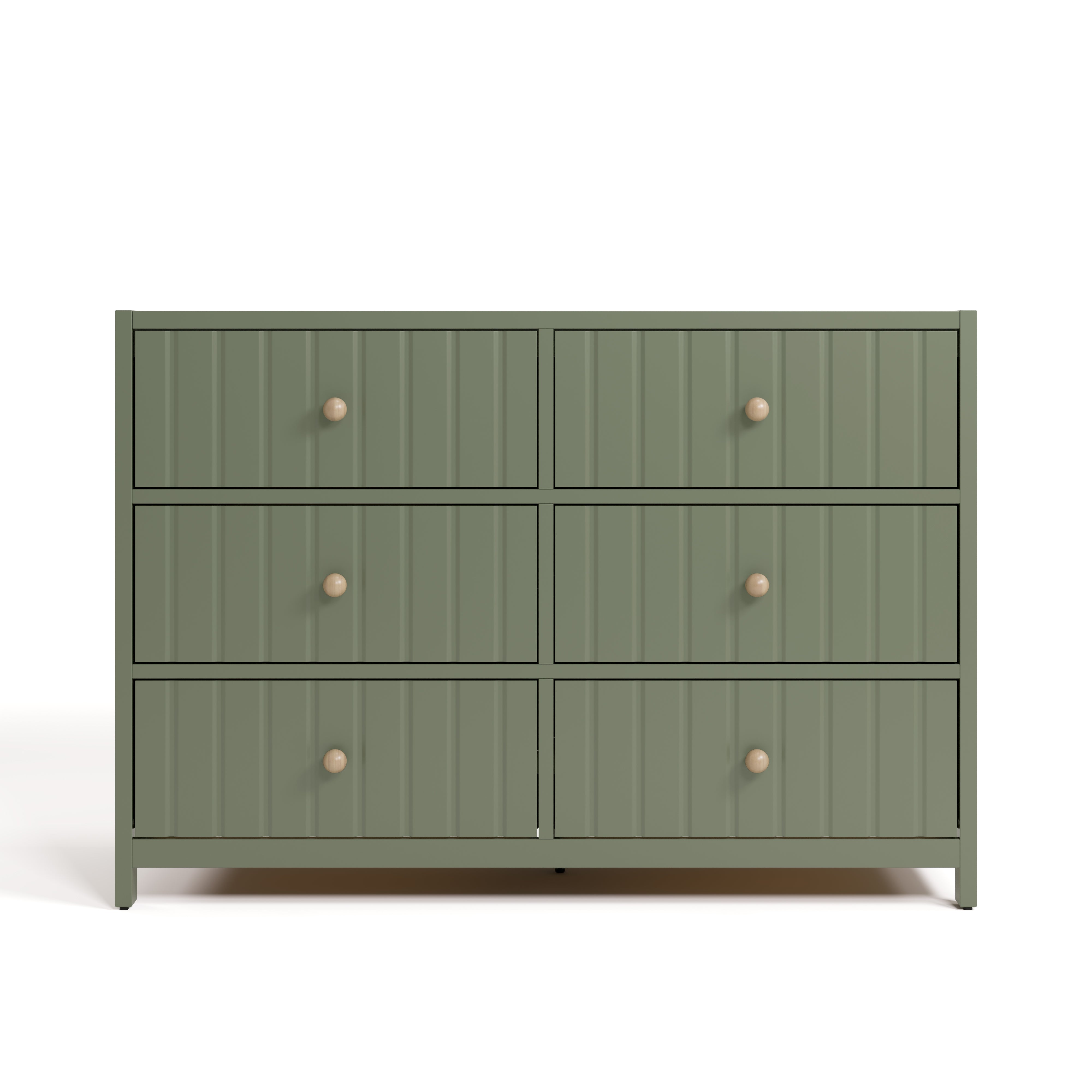 Teddi olive 6 drawer dresser with driftwood knobs front view