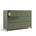 Teddi olive 6 drawer dresser with driftwood knobs and top left drawer open