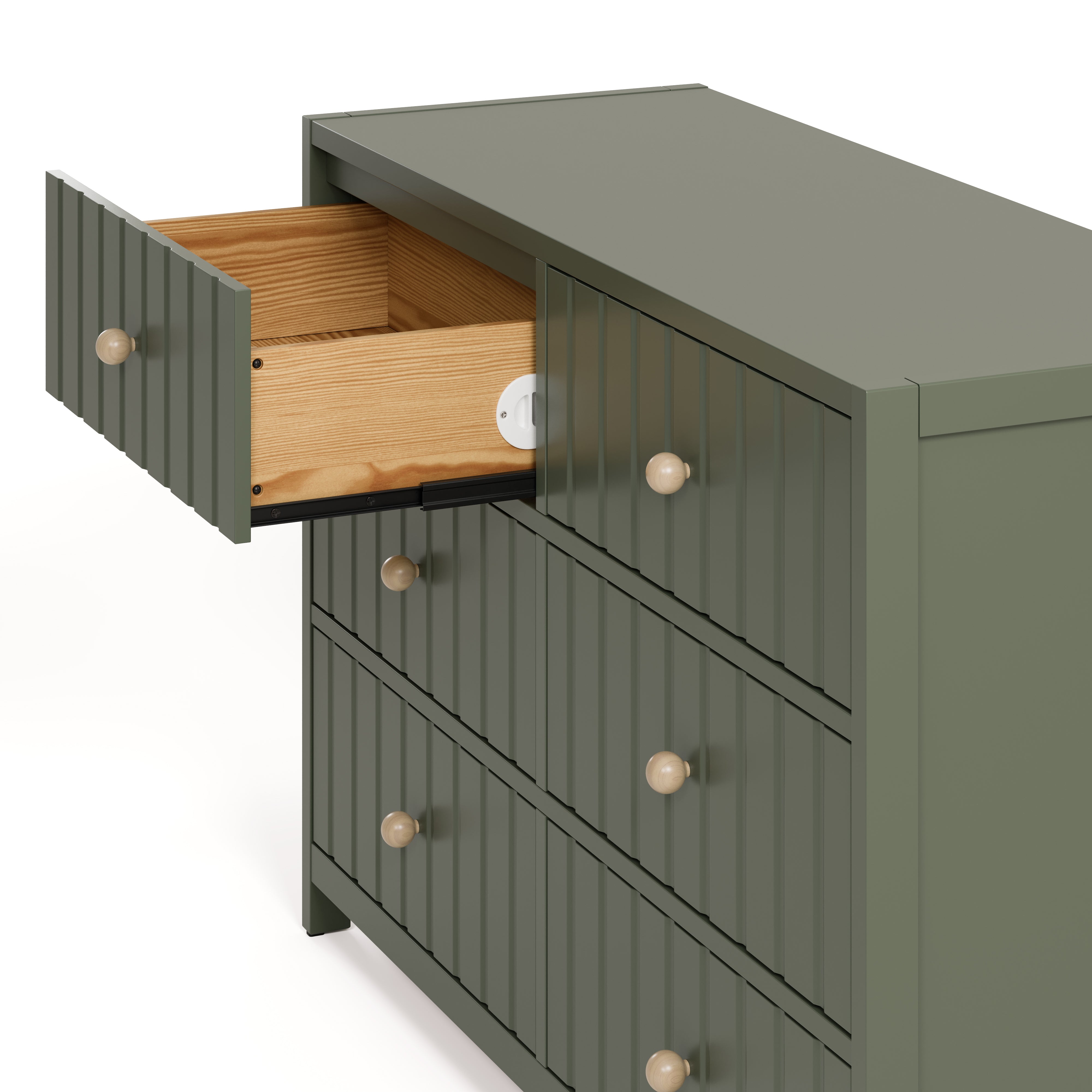 Teddi olive 6 drawer dresser with driftwood knobs close up of top left drawer open