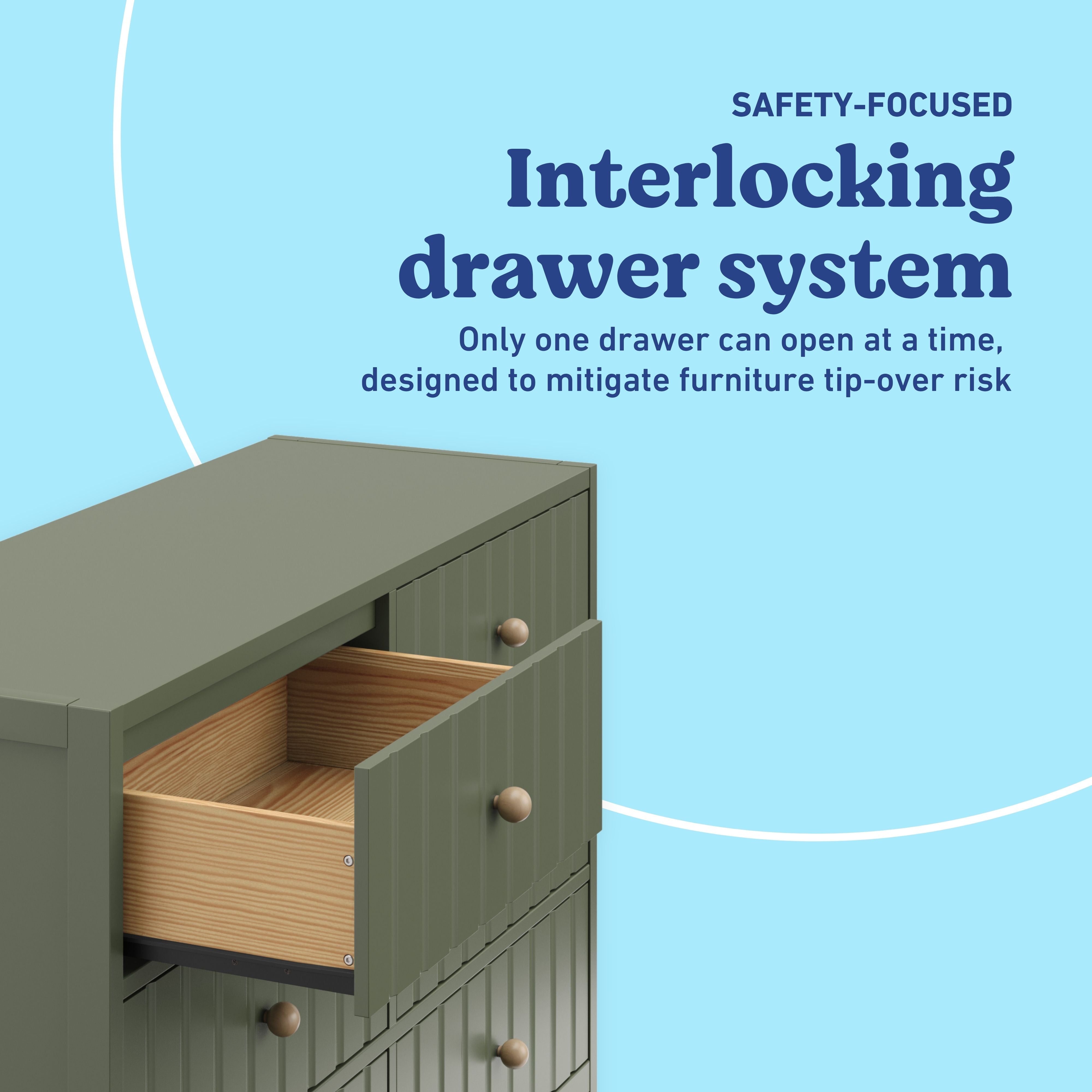 Teddi olive 6 drawer dresser interlocking drawers callout