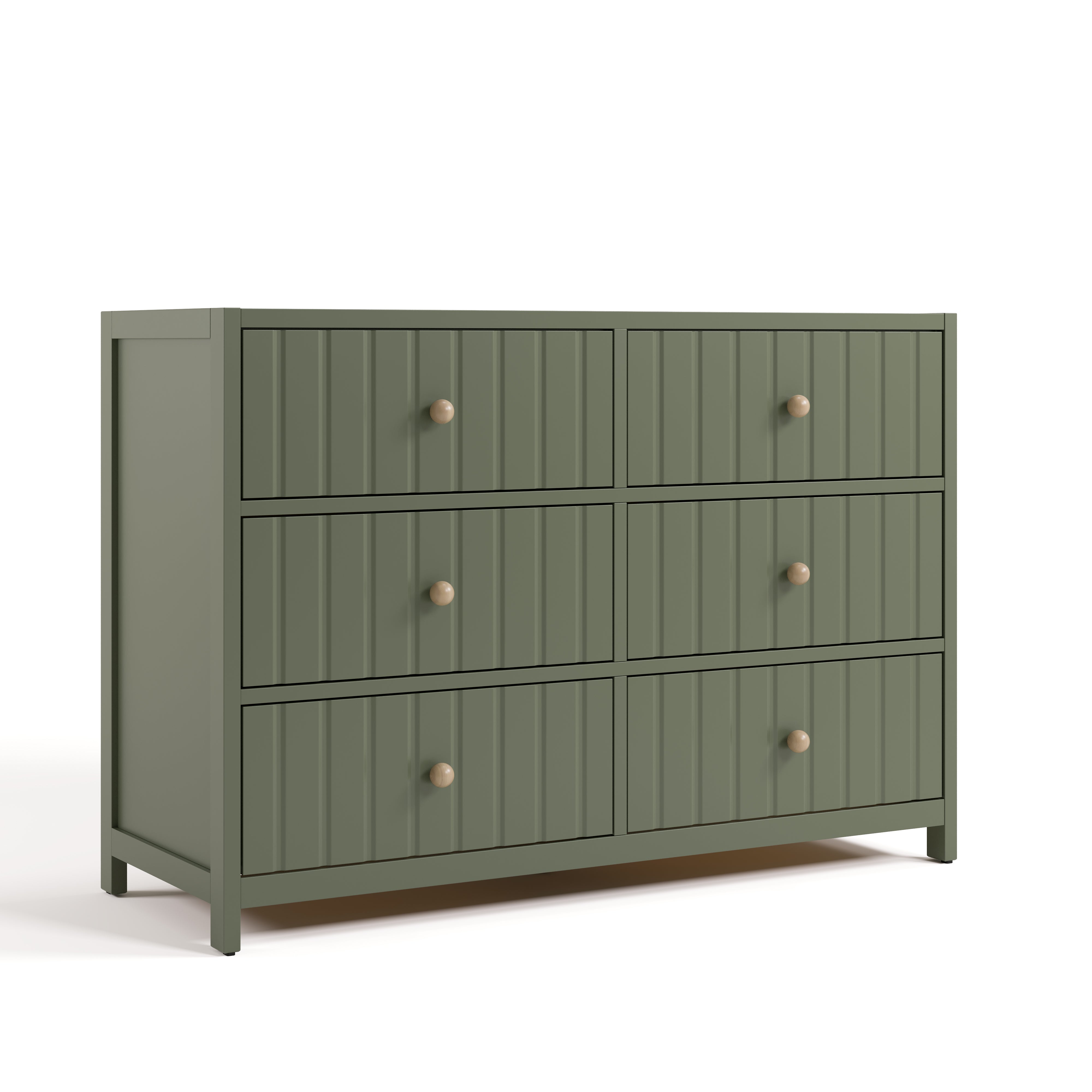 Teddi olive 6 drawer dresser with driftwood knobs angle view