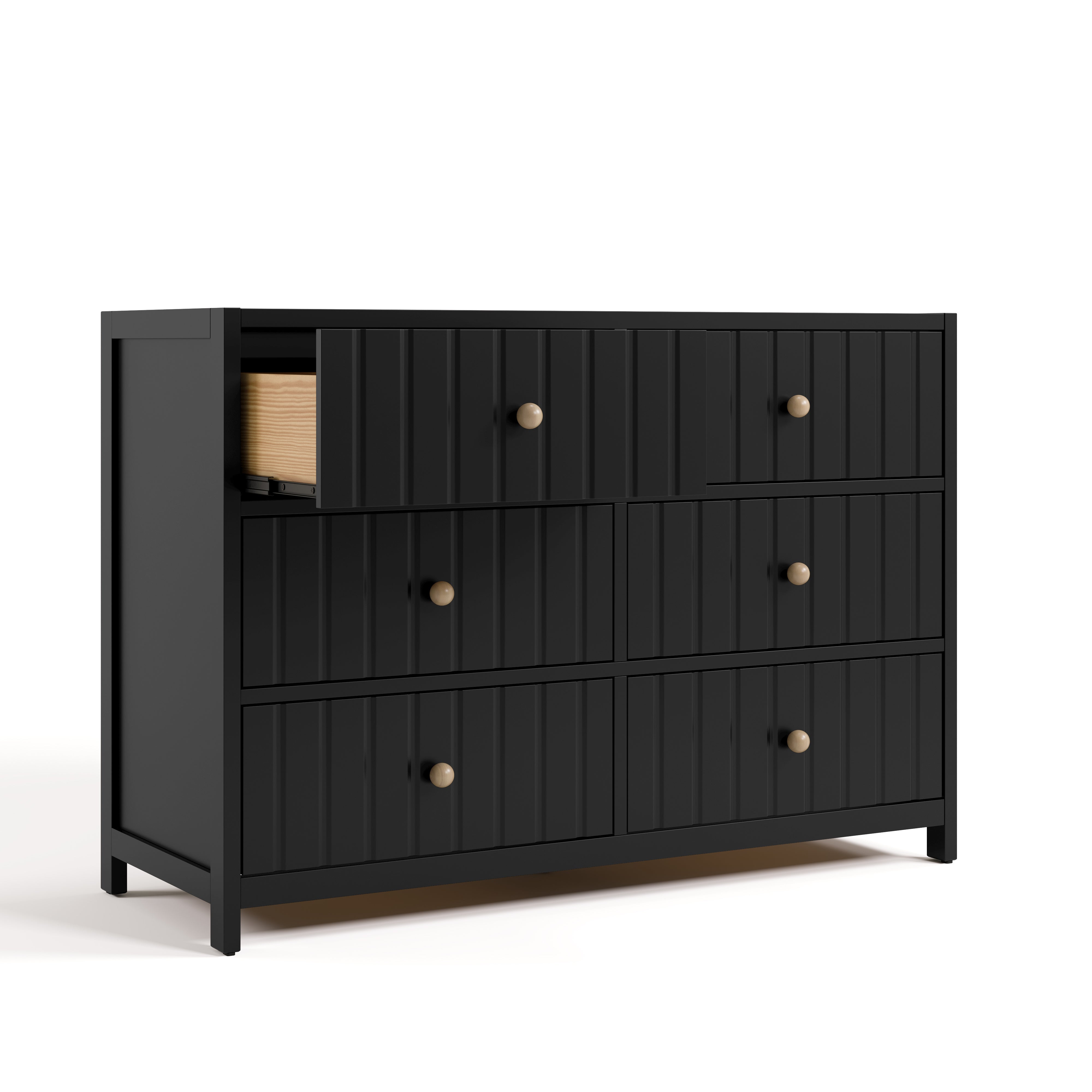 Teddi black 6 drawer dresser with driftwood knobs and top left drawer open