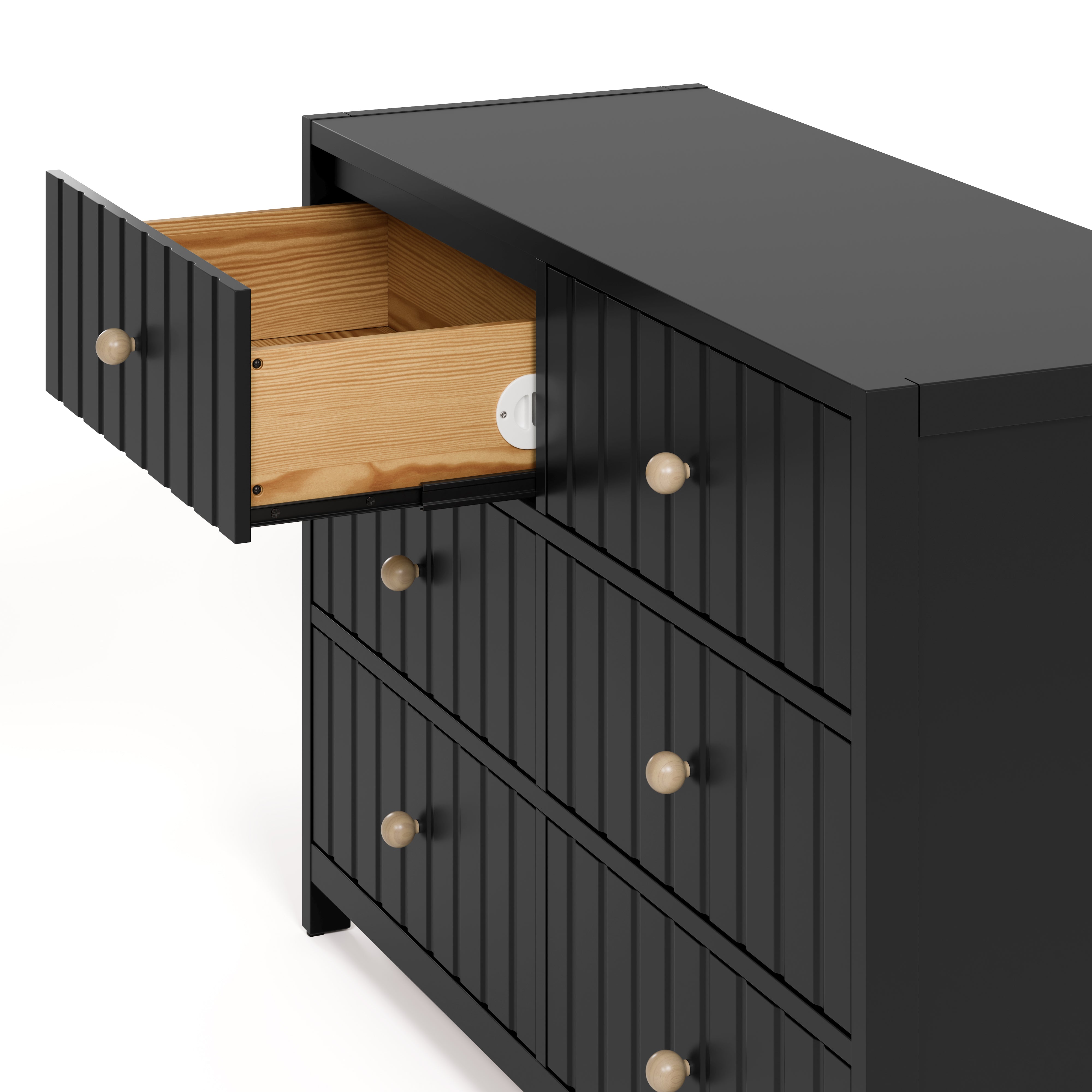 Teddi black 6 drawer dresser with driftwood knobs close up of top left drawer open