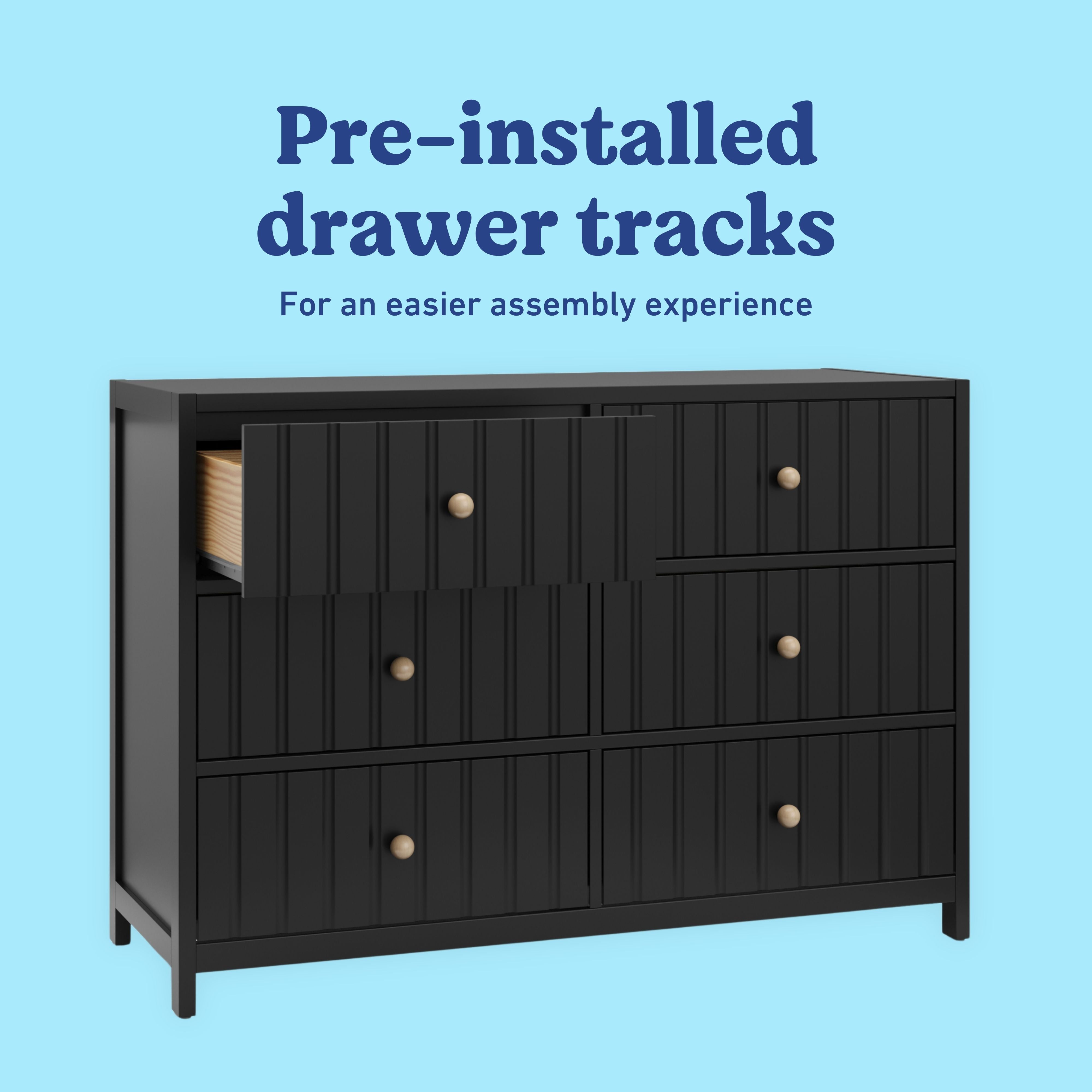 Teddi black 6 drawer dresser pre-installed drawer tracks callout