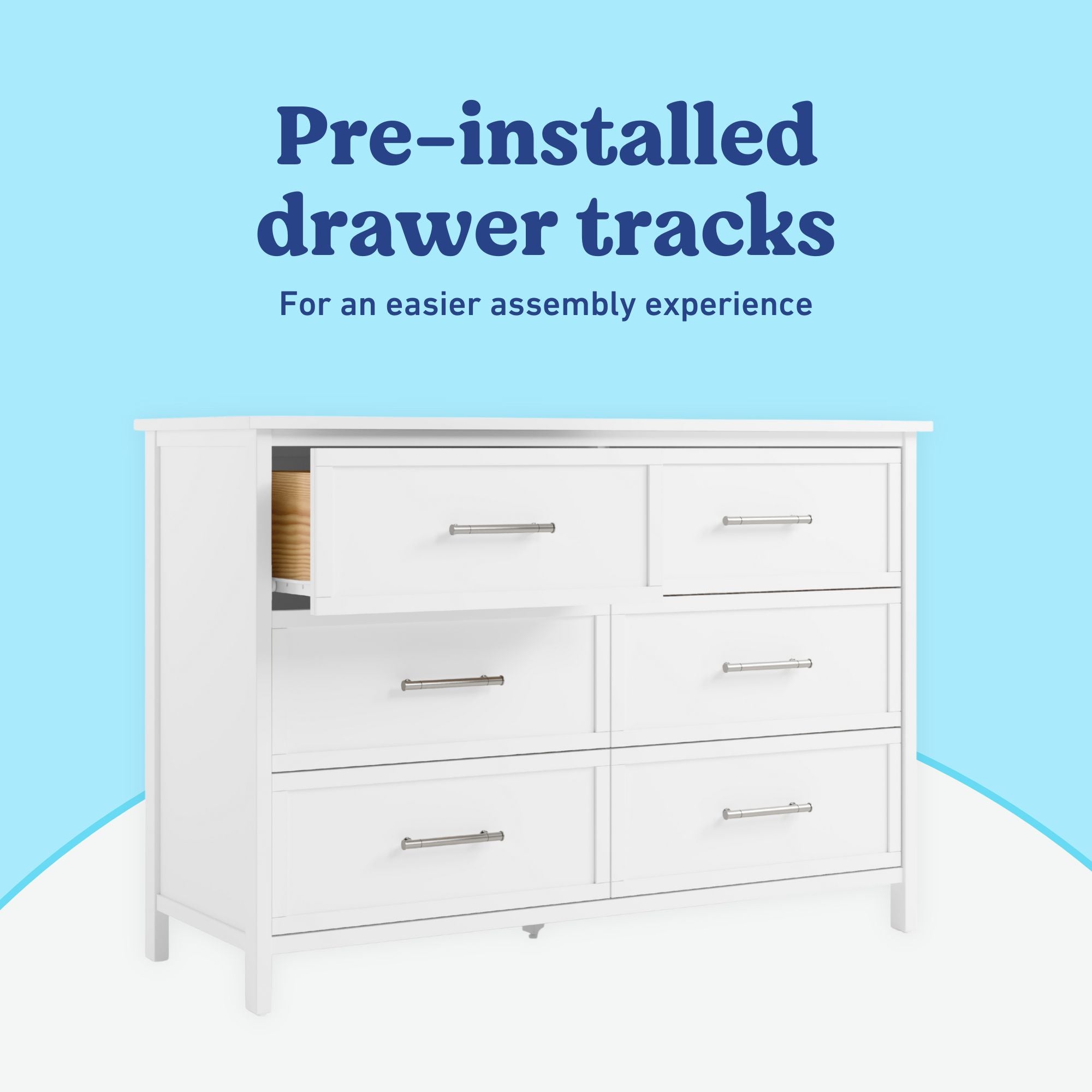 Classic white 6 drawer dresser pre-installed drawer tracks callout