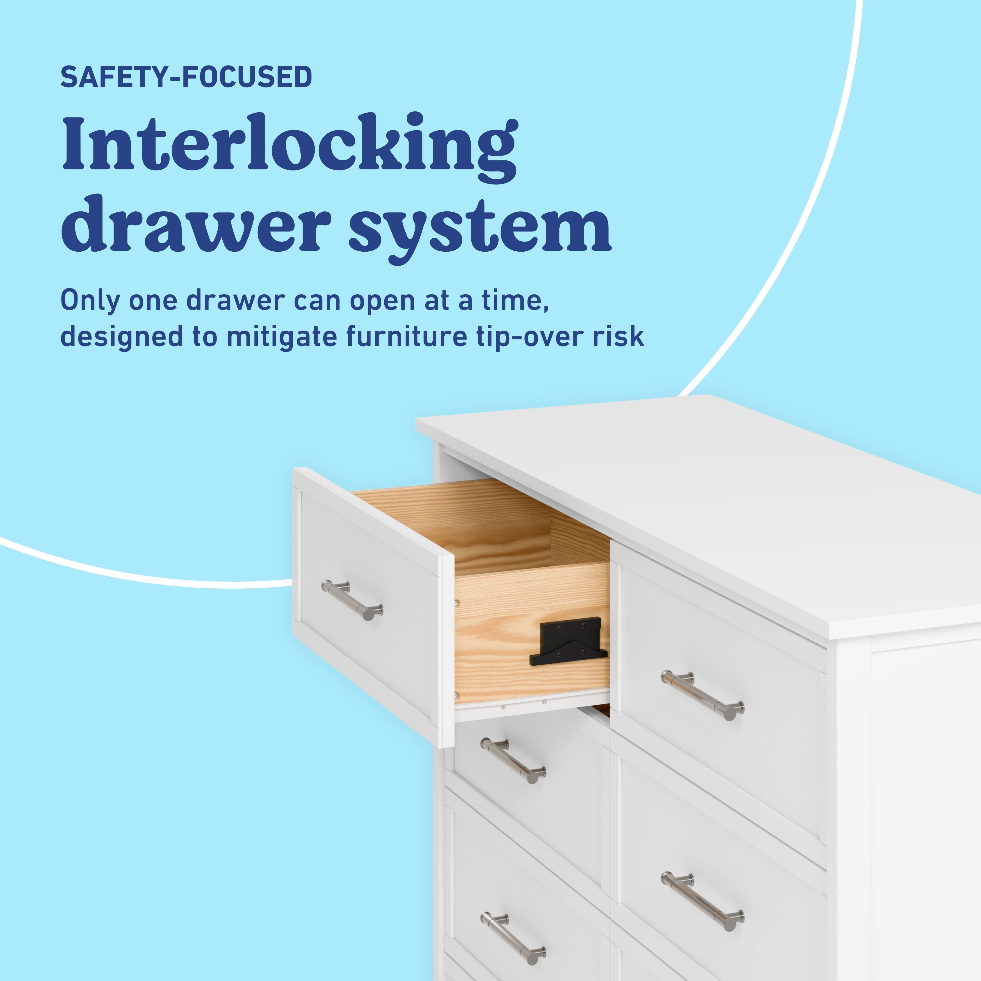 Classic white 6 drawer dresser interlocking drawers callout