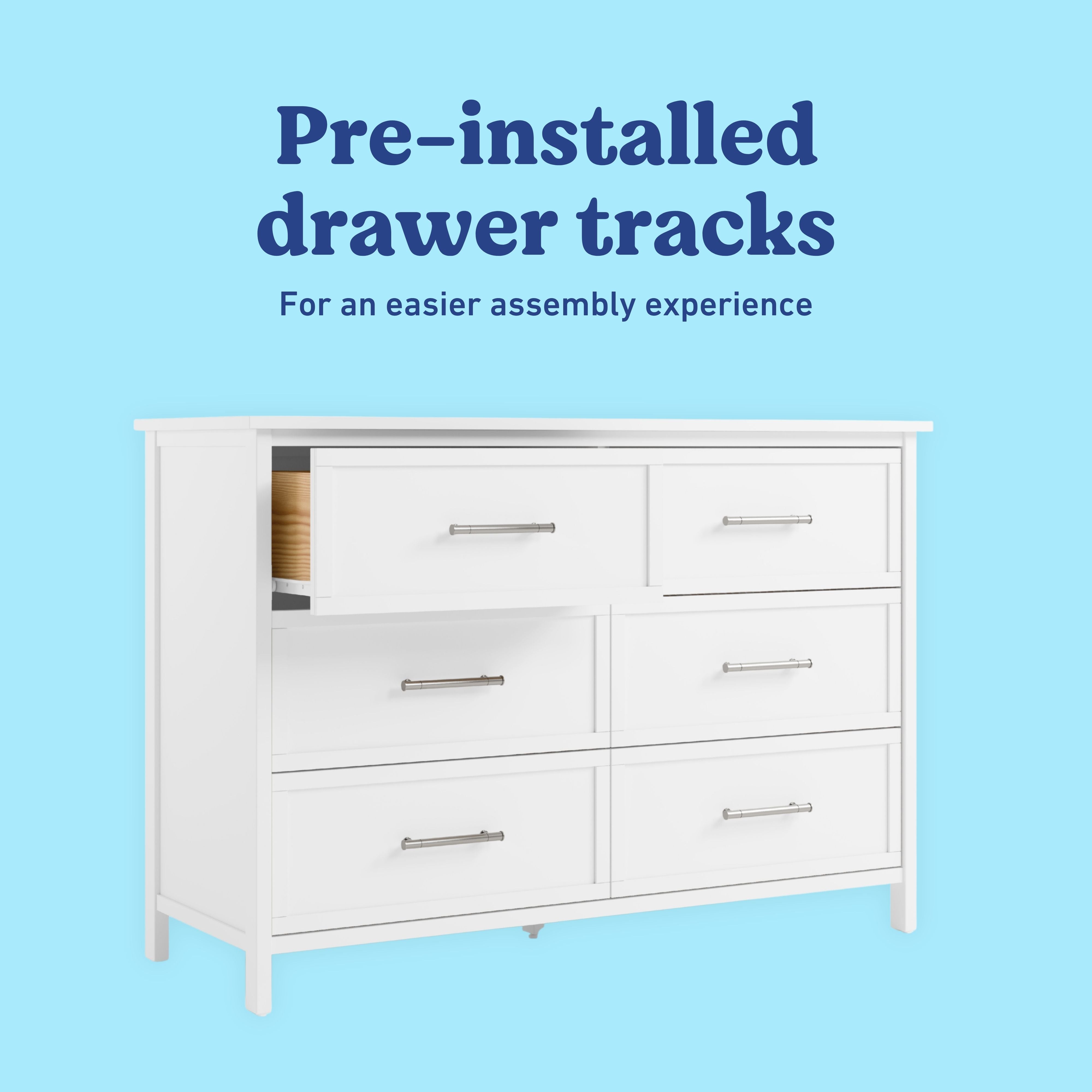 Classic white 6 drawer dresser pre-installed tracks callout