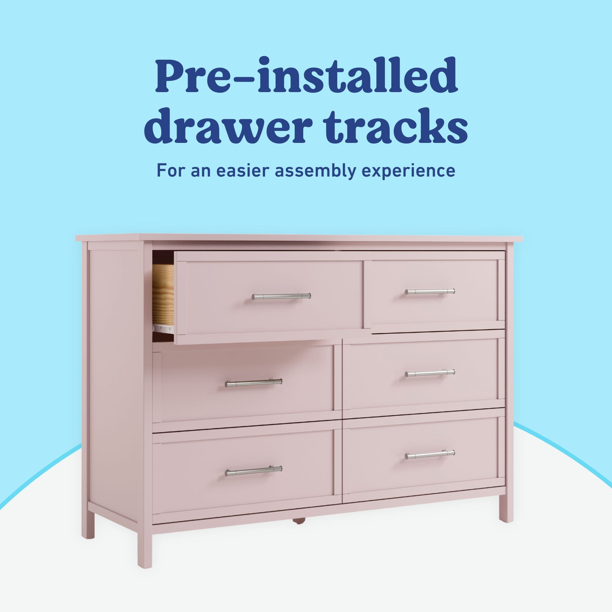 Classic blush 6 drawer dresser pre-installed drawer tracks callout