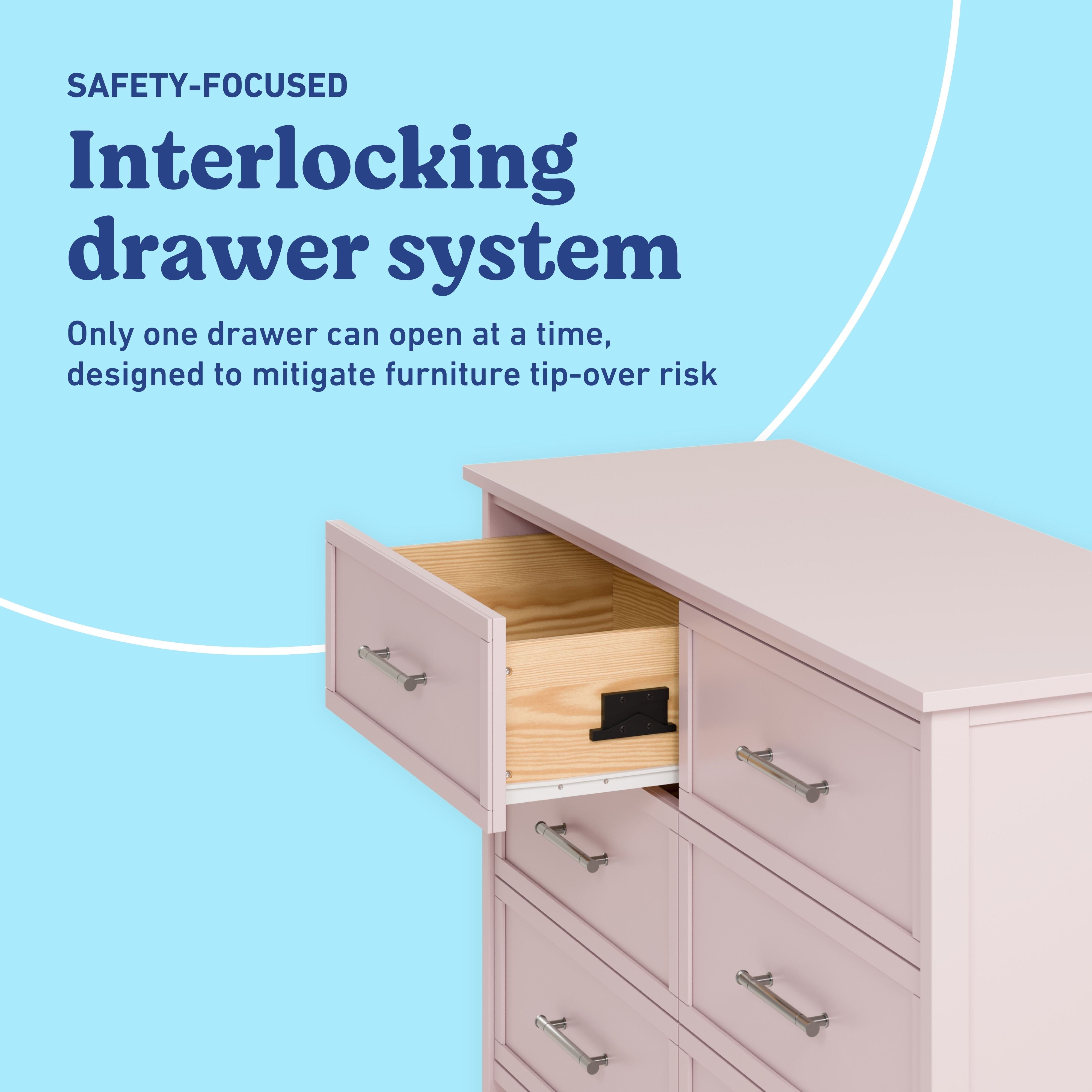 Classic blush 6 drawer dresser interlocking drawers callout
