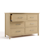 classic driftwood 6 drawer dresser angle view with top left drawer open