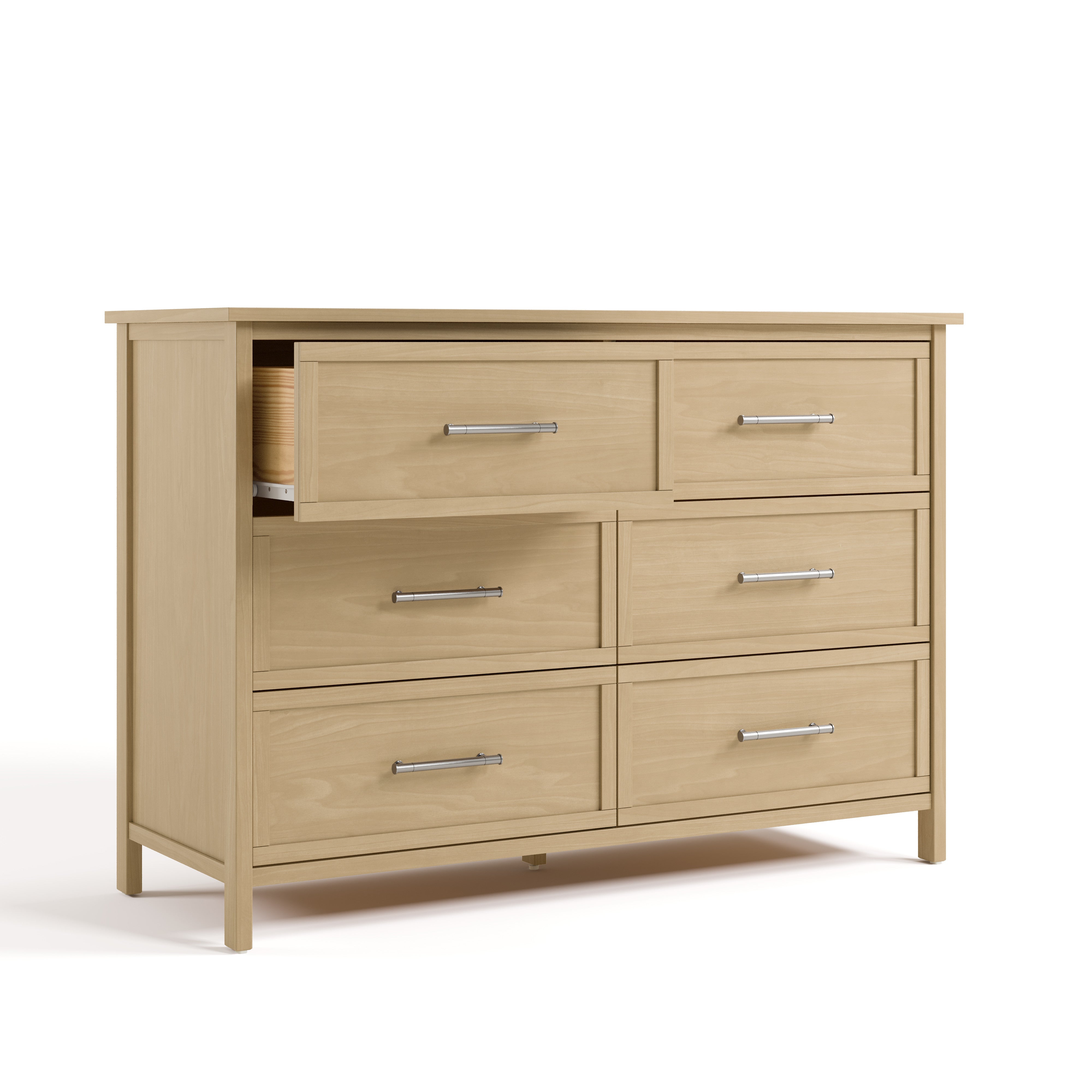 classic driftwood 6 drawer dresser angle view with top left drawer open