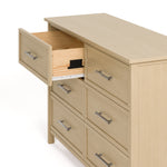 classic driftwood 6 drawer dresser angle side view with top left drawer open showing interlocking drawer mechanism