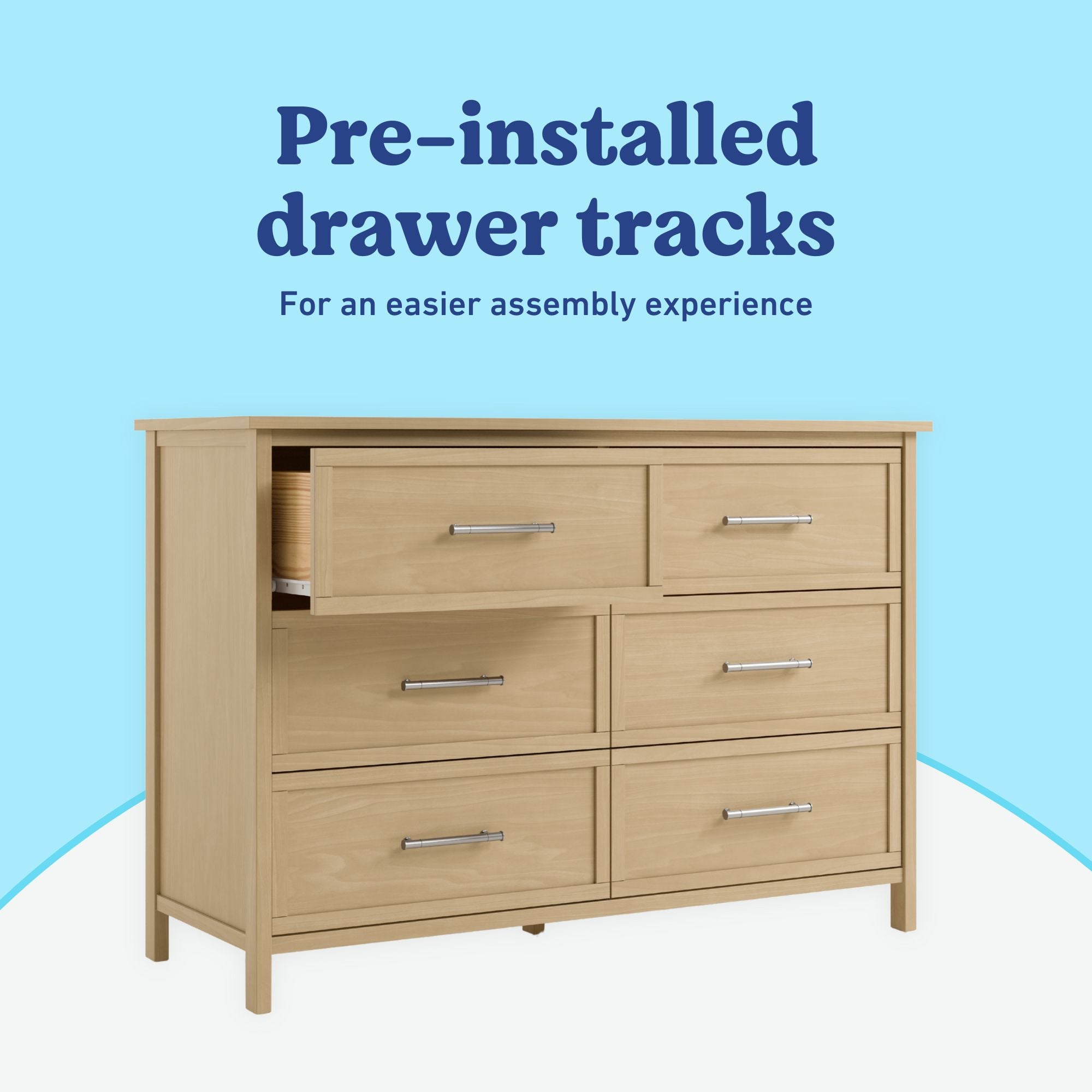 Classic driftwood 6 drawer dresser pre-installed drawer tracks callout