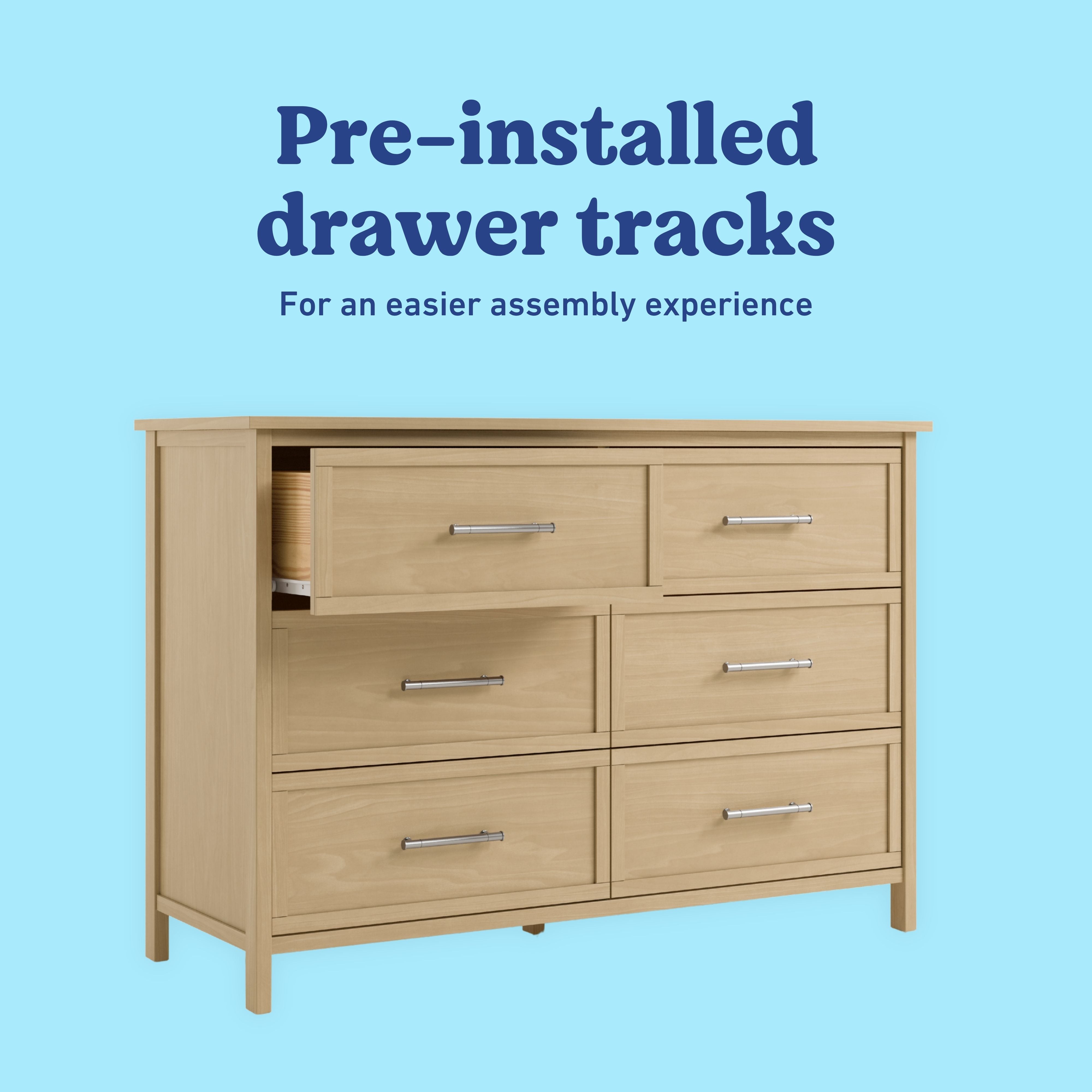Classic driftwood 6 drawer dresser pre-installed tracks callout
