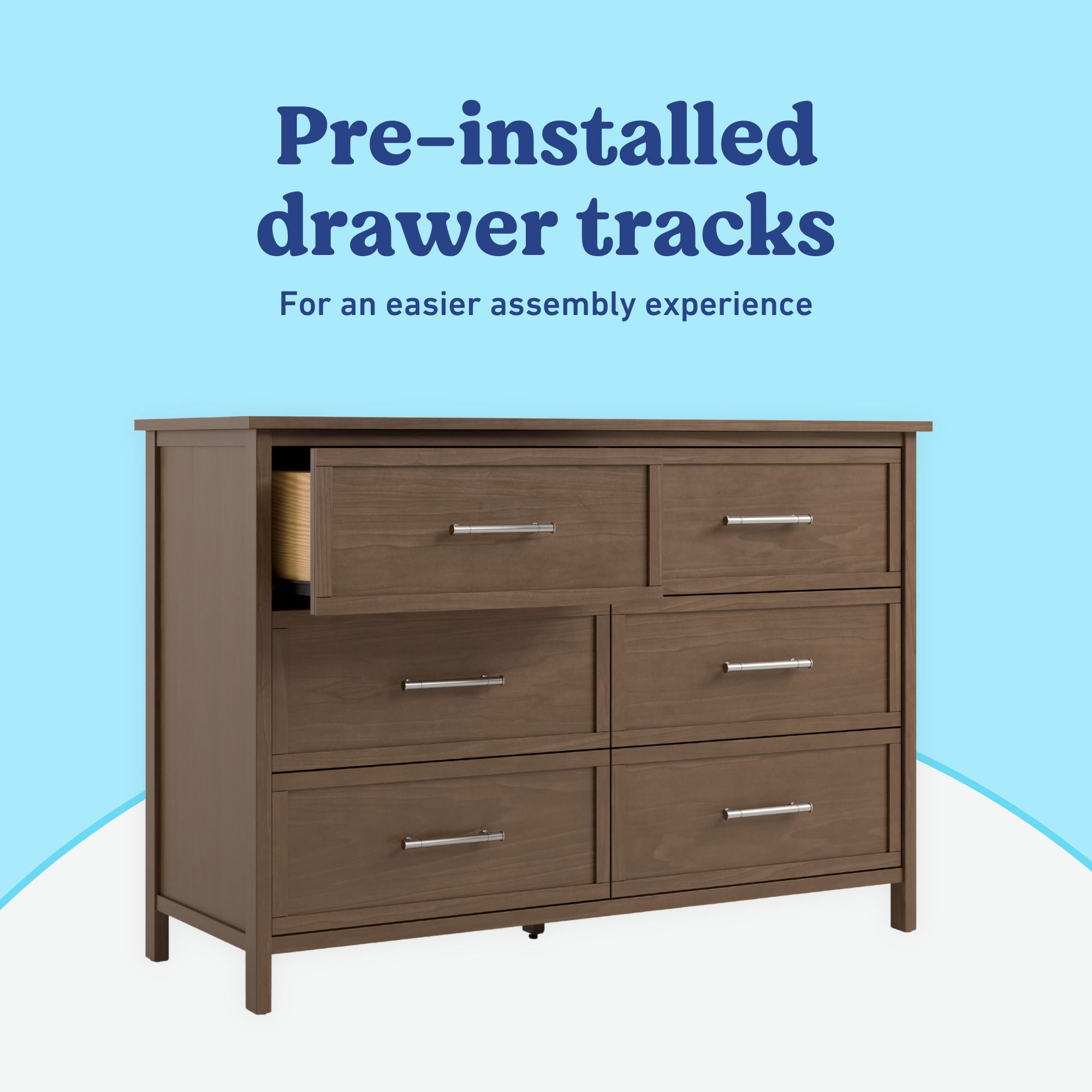 Classic hazelnut 6 drawer dresser pre-installed drawer tracks callout