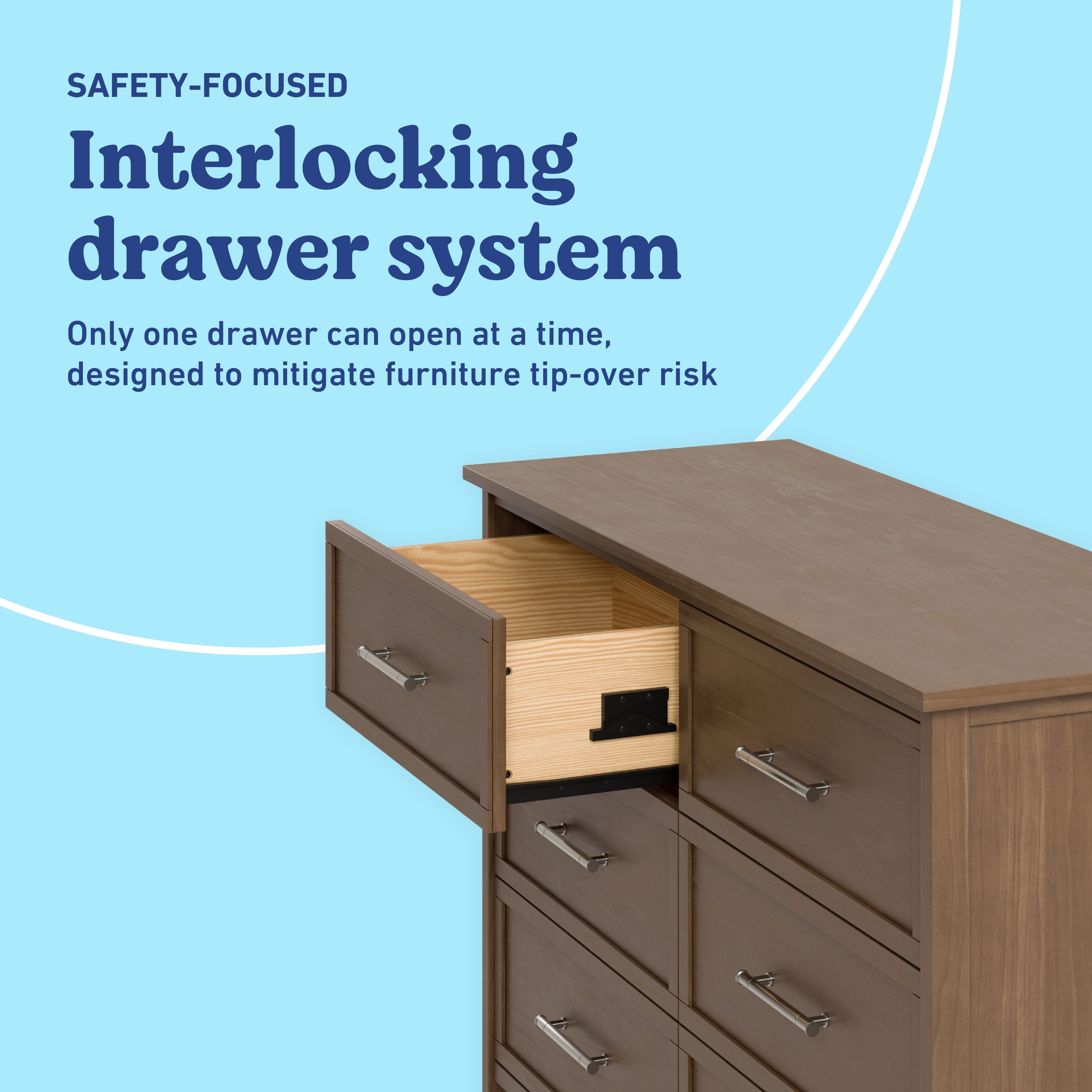 Classic hazelnut 6 drawer dresser interlocking drawers callout