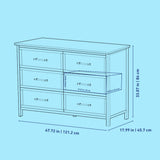 Classic 6 drawer dresser line drawing with dimensions