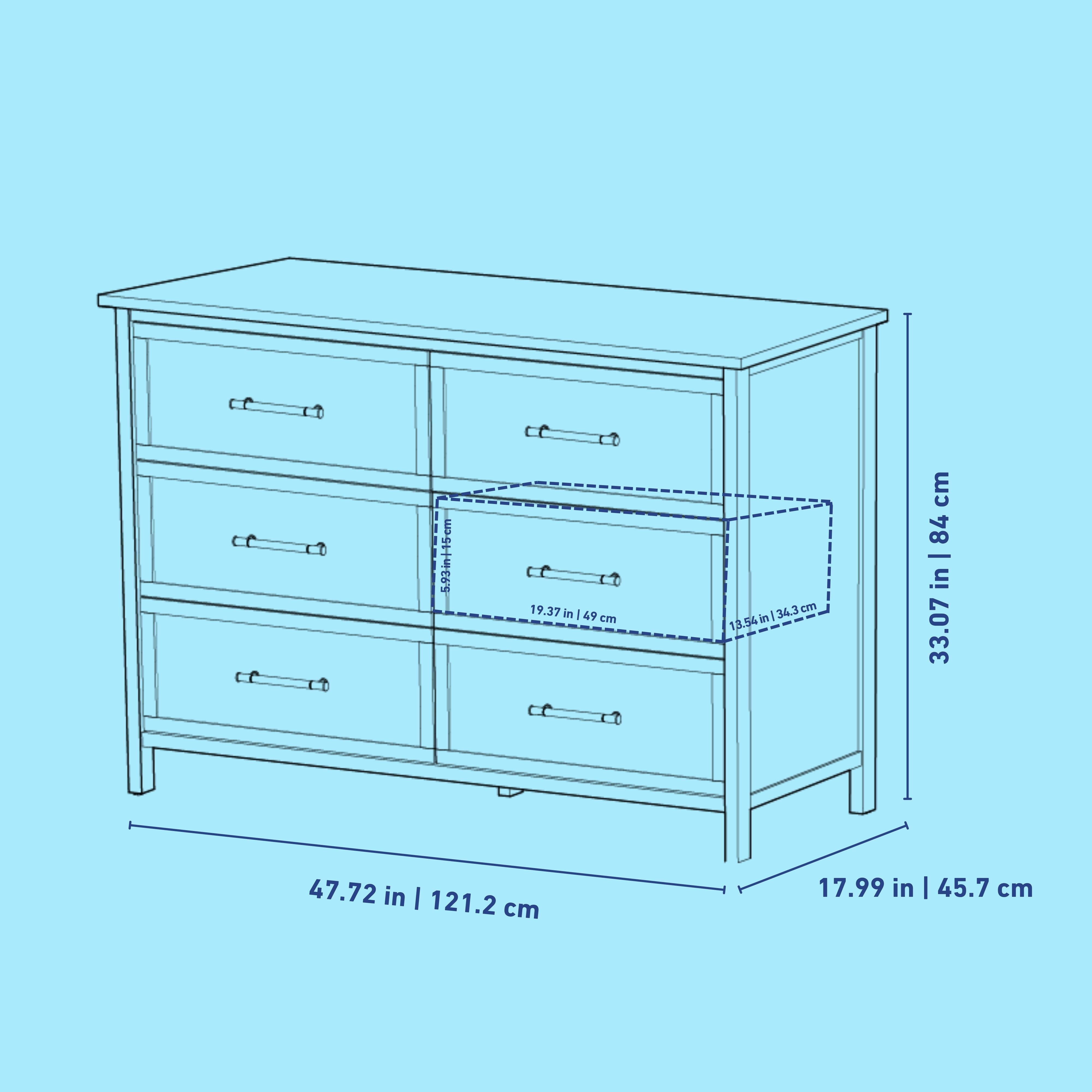 Classic 6 drawer dresser line drawing with dimensions