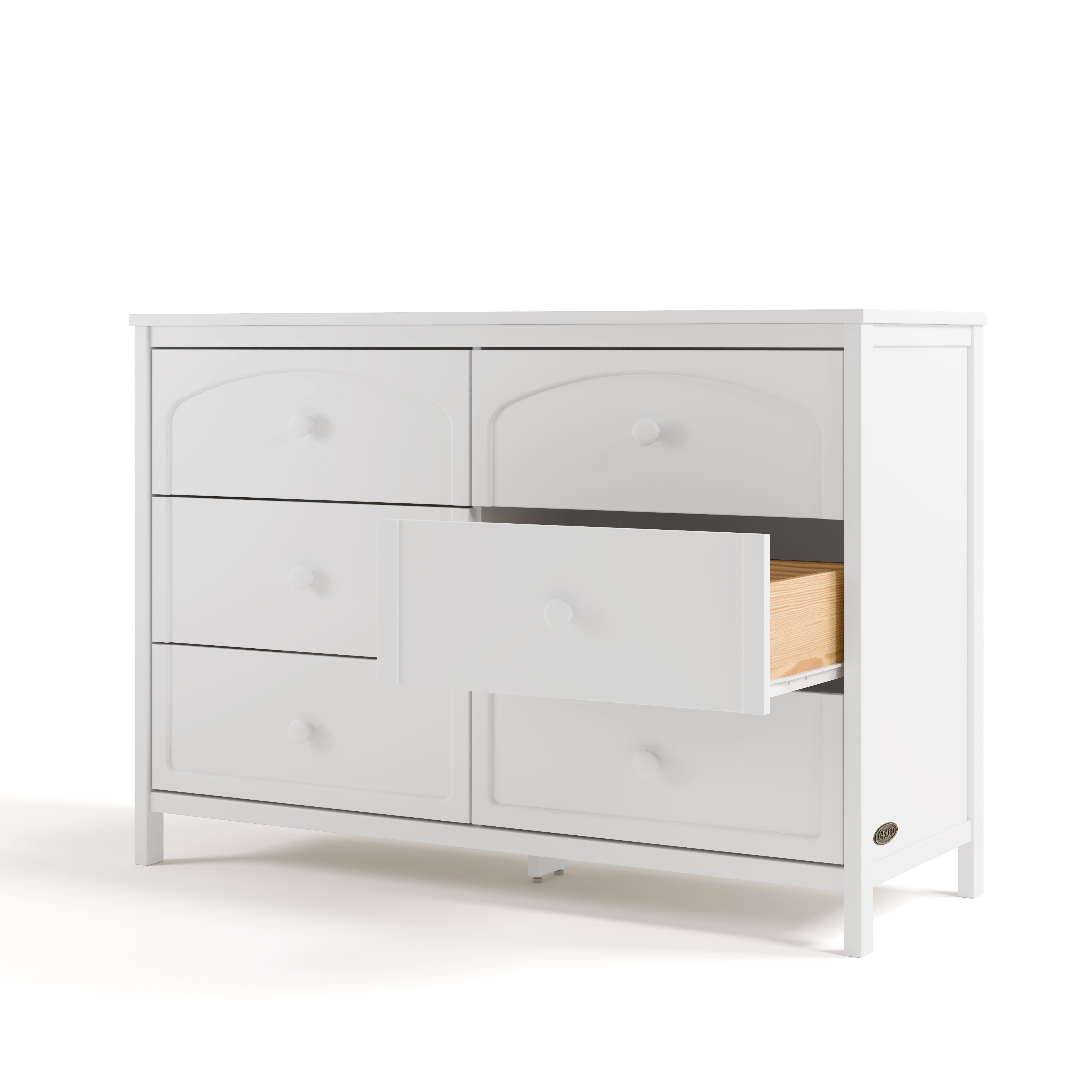 Olivia white 6 drawer dresser angle view with middle right drawer open