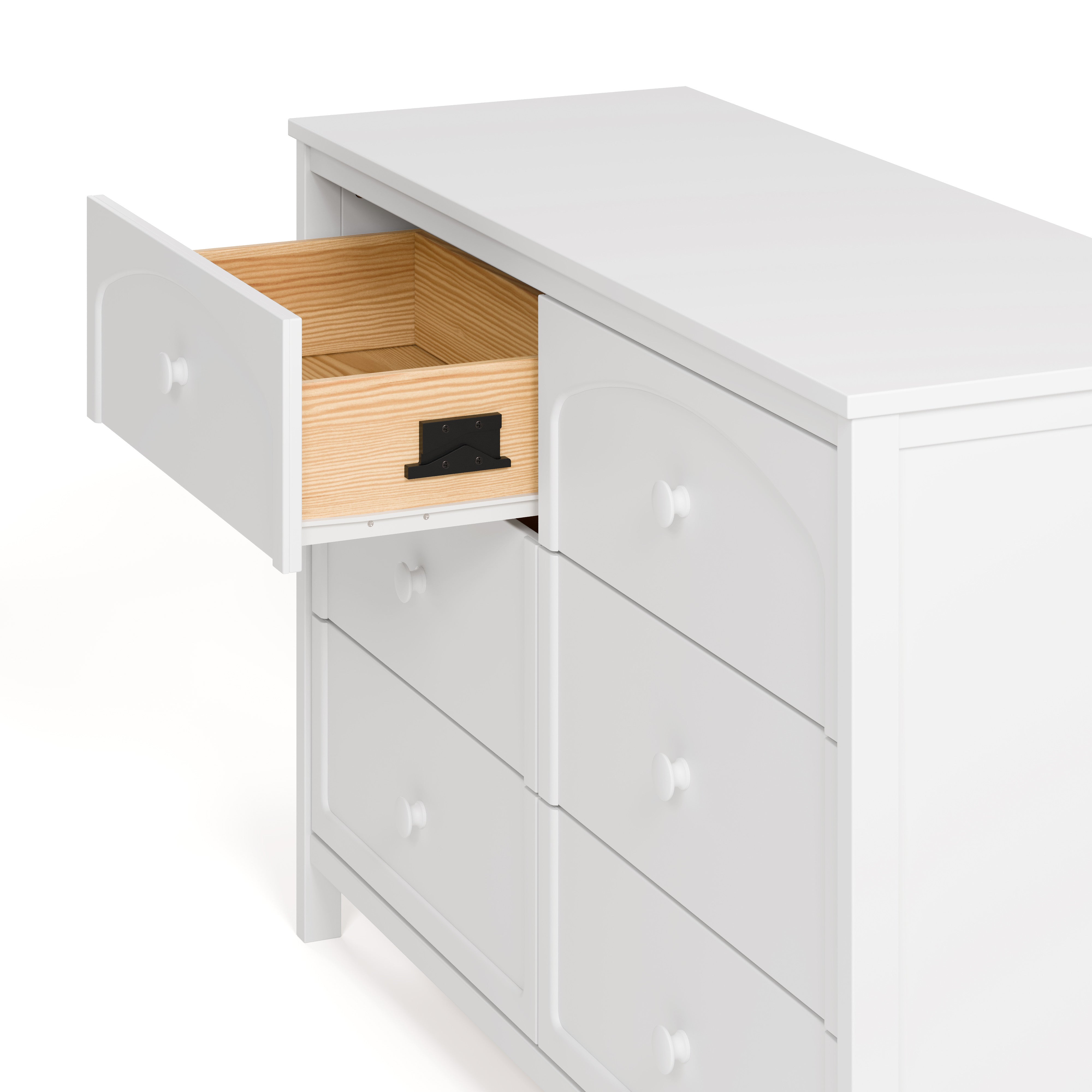 Olivia white 6 drawer dresser side view of top left drawer open showing interlocking drawer mechanism