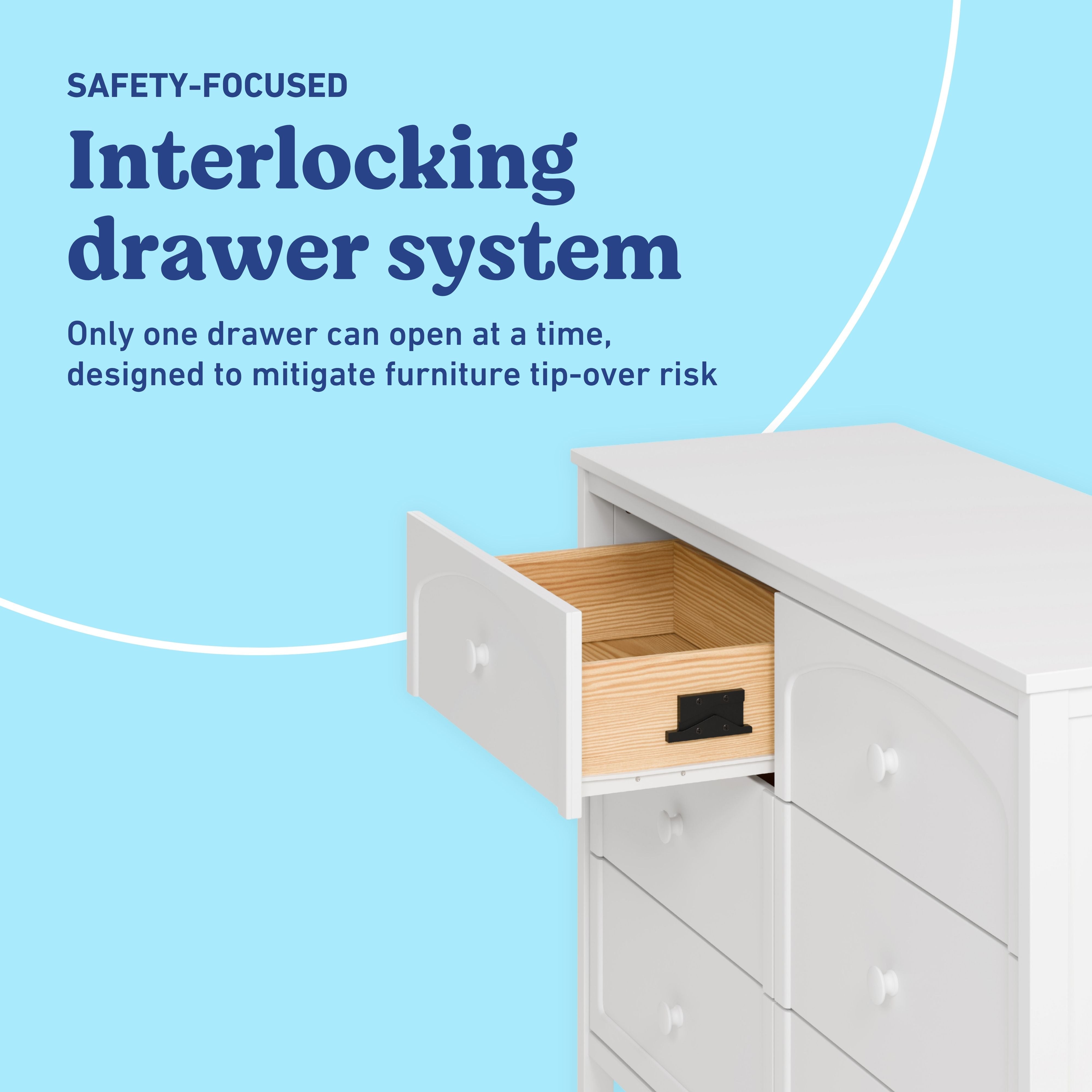 Olivia white 6 drawer dresser interlocking drawers callout