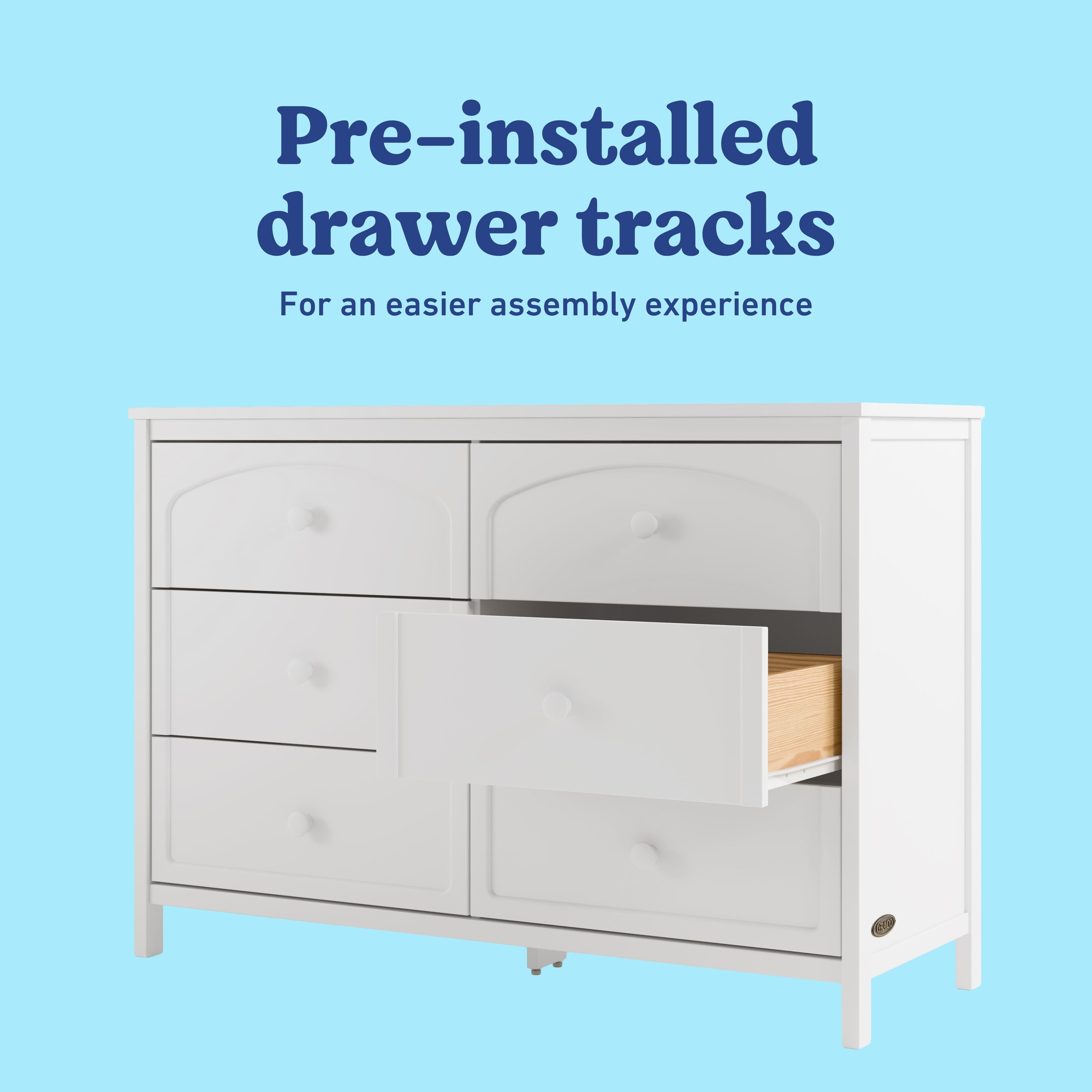 Olivia white 6 drawer dresser pre-installed tracks callout