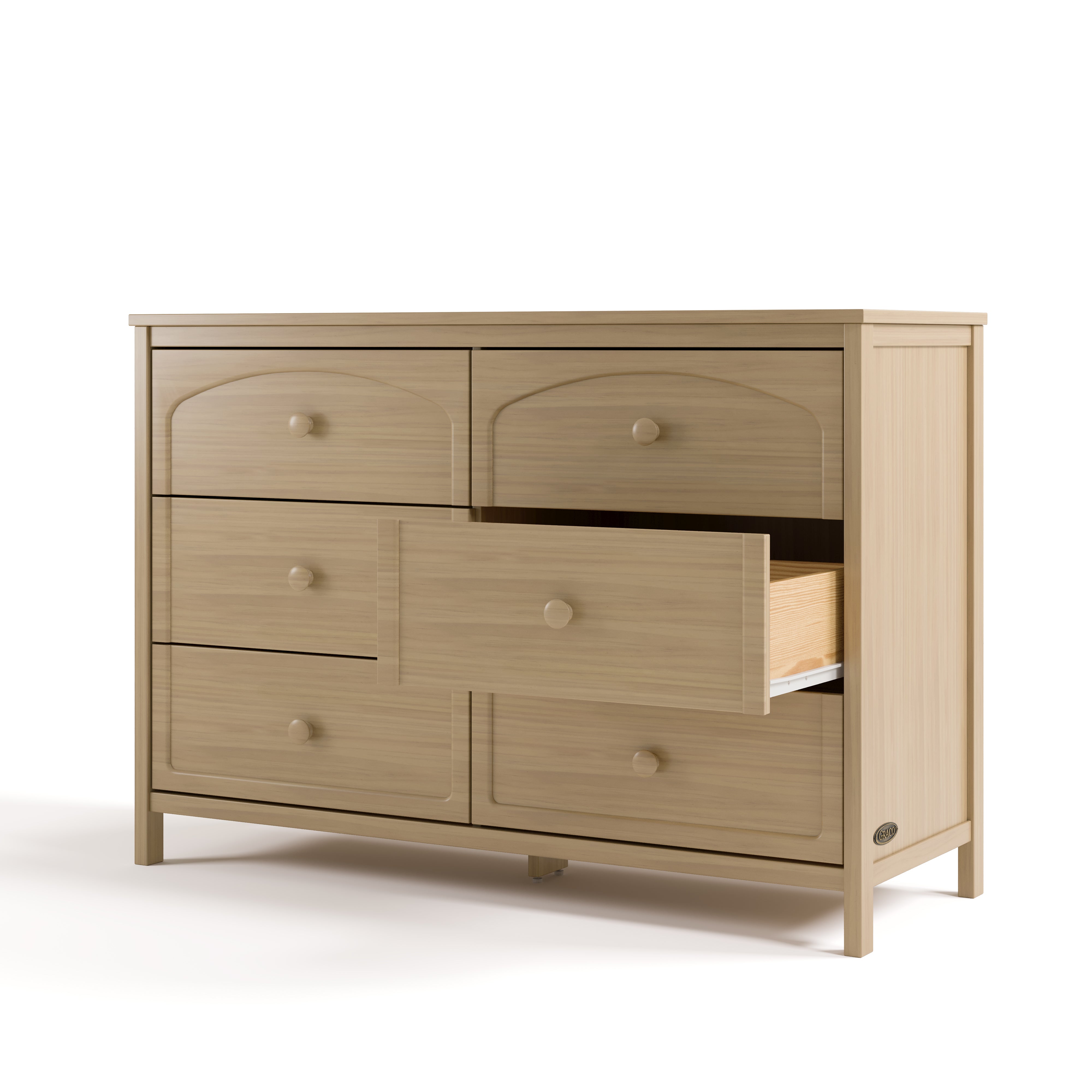 Olivia driftwood 6 drawer dresser angle view with middle right drawer open