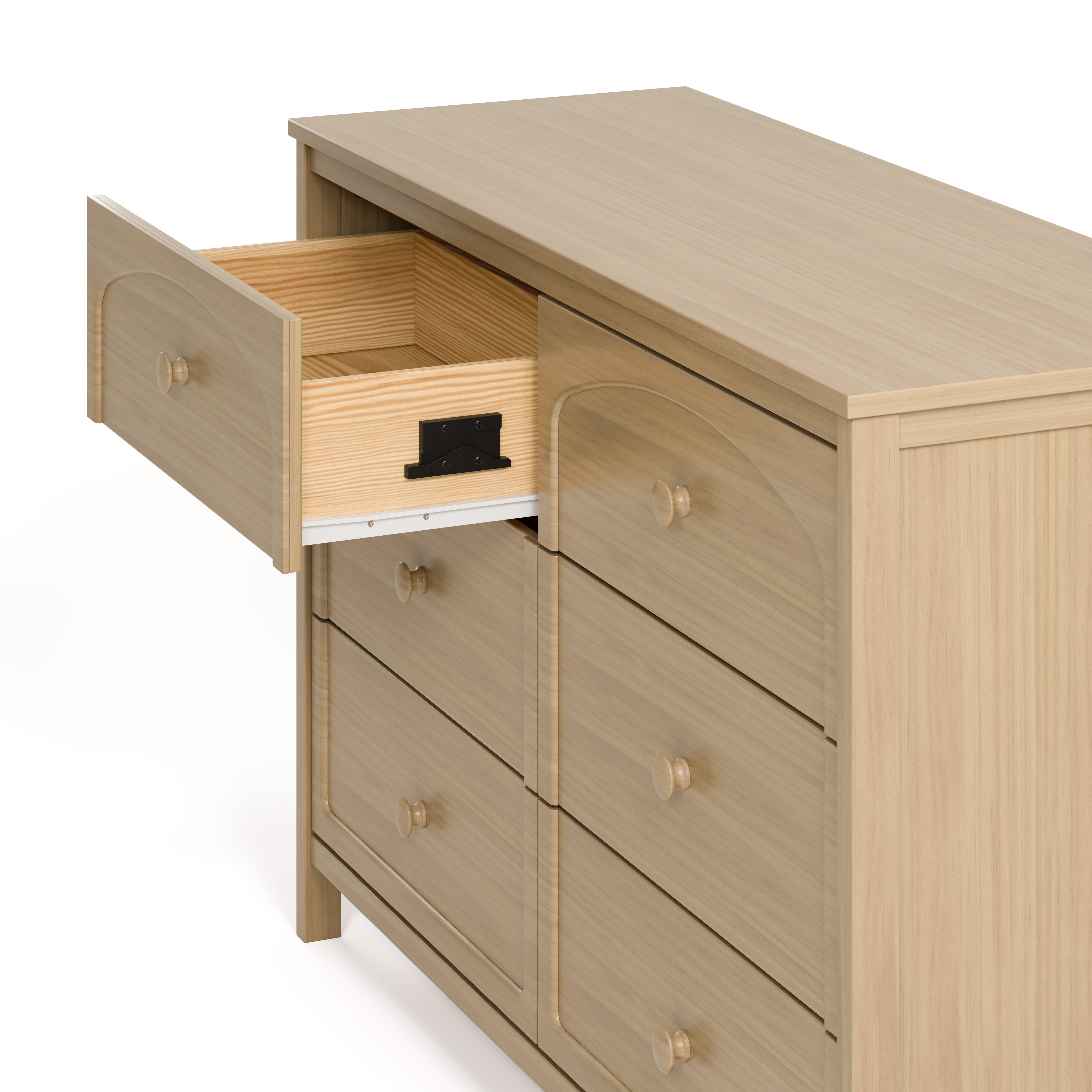 Olivia driftwood 6 drawer dresser side view of top left drawer open showing interlocking drawer mechanism