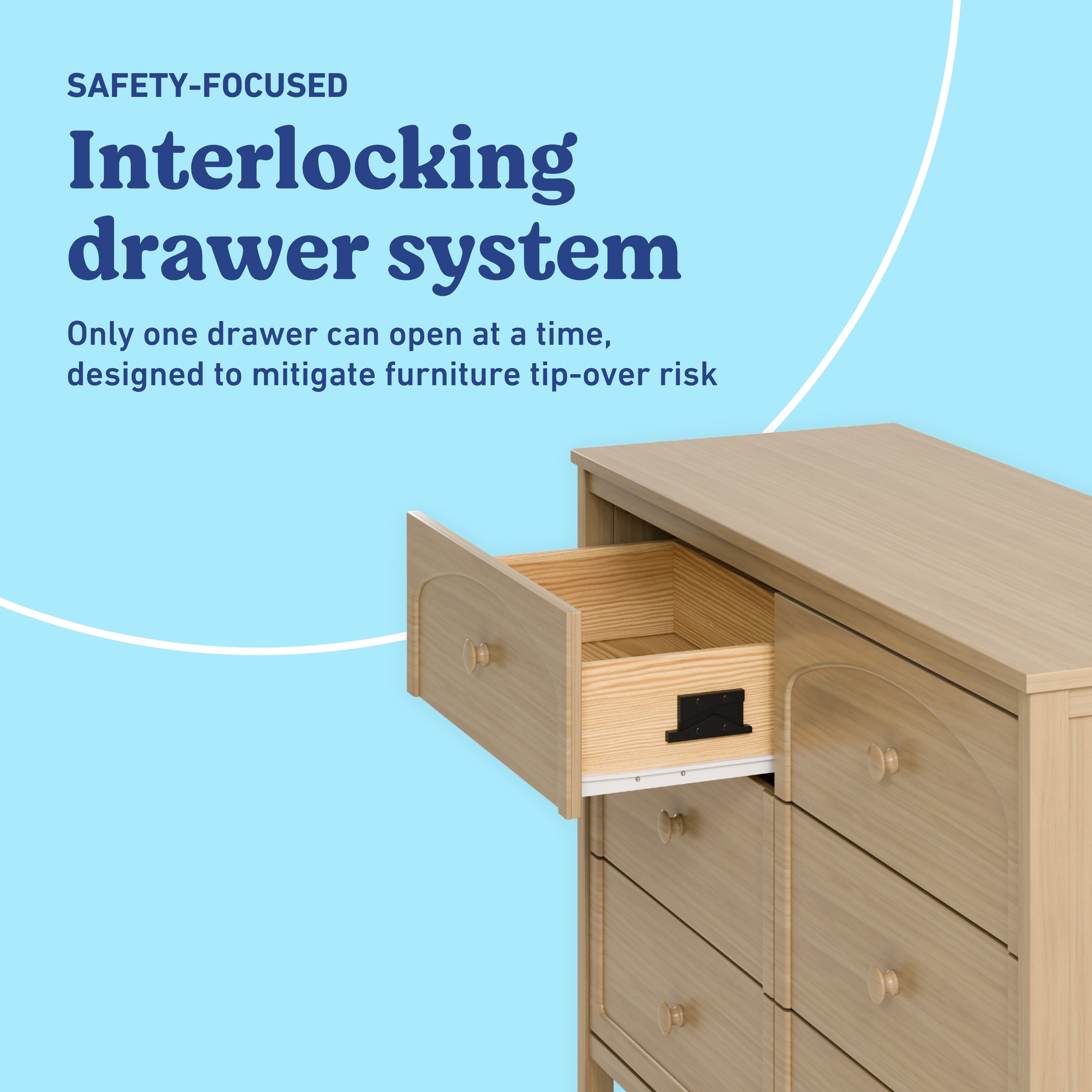 Olivia driftwood 6 drawer dresser interlocking drawers callout