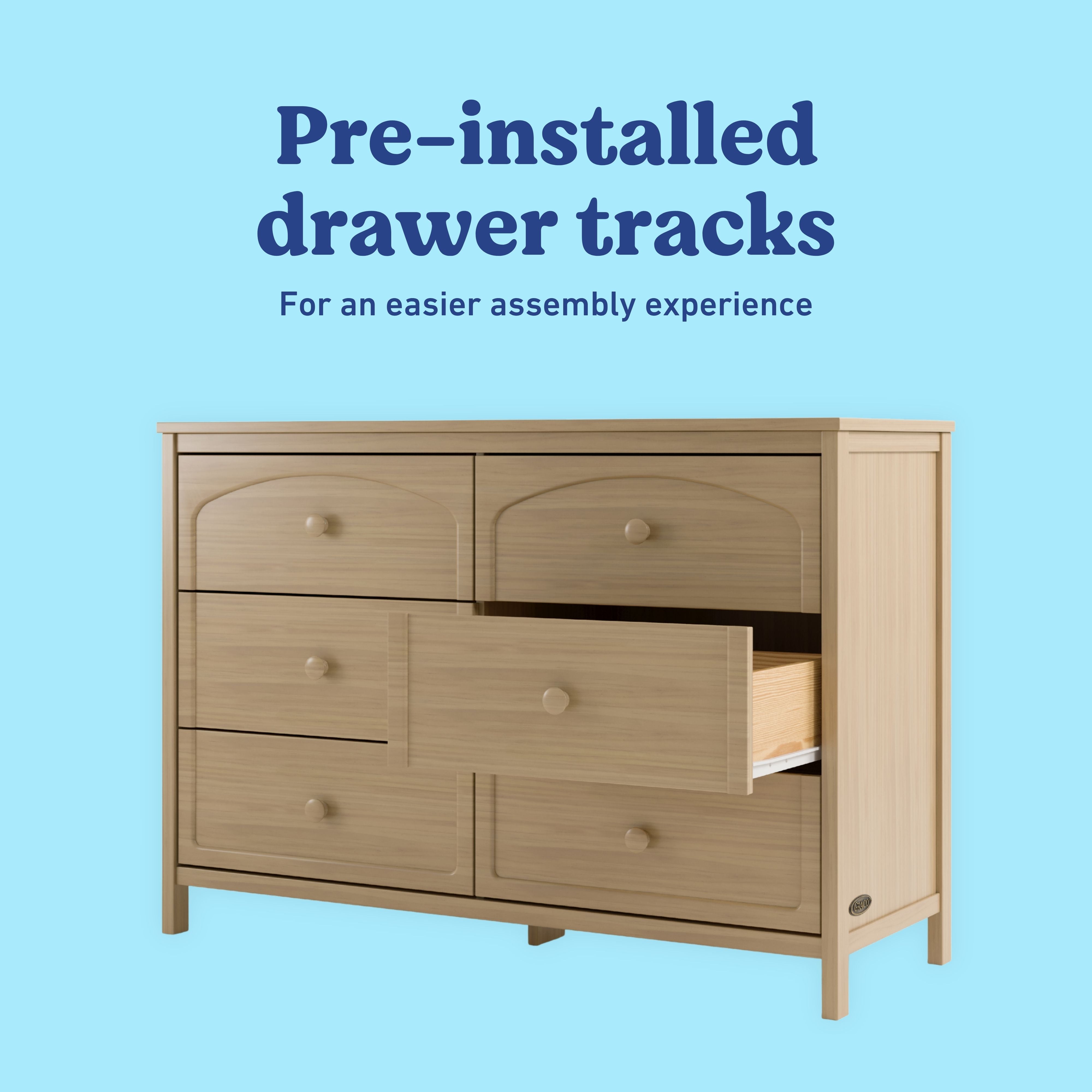 Olivia driftwood 6 drawer dresser pre-installed tracks callout
