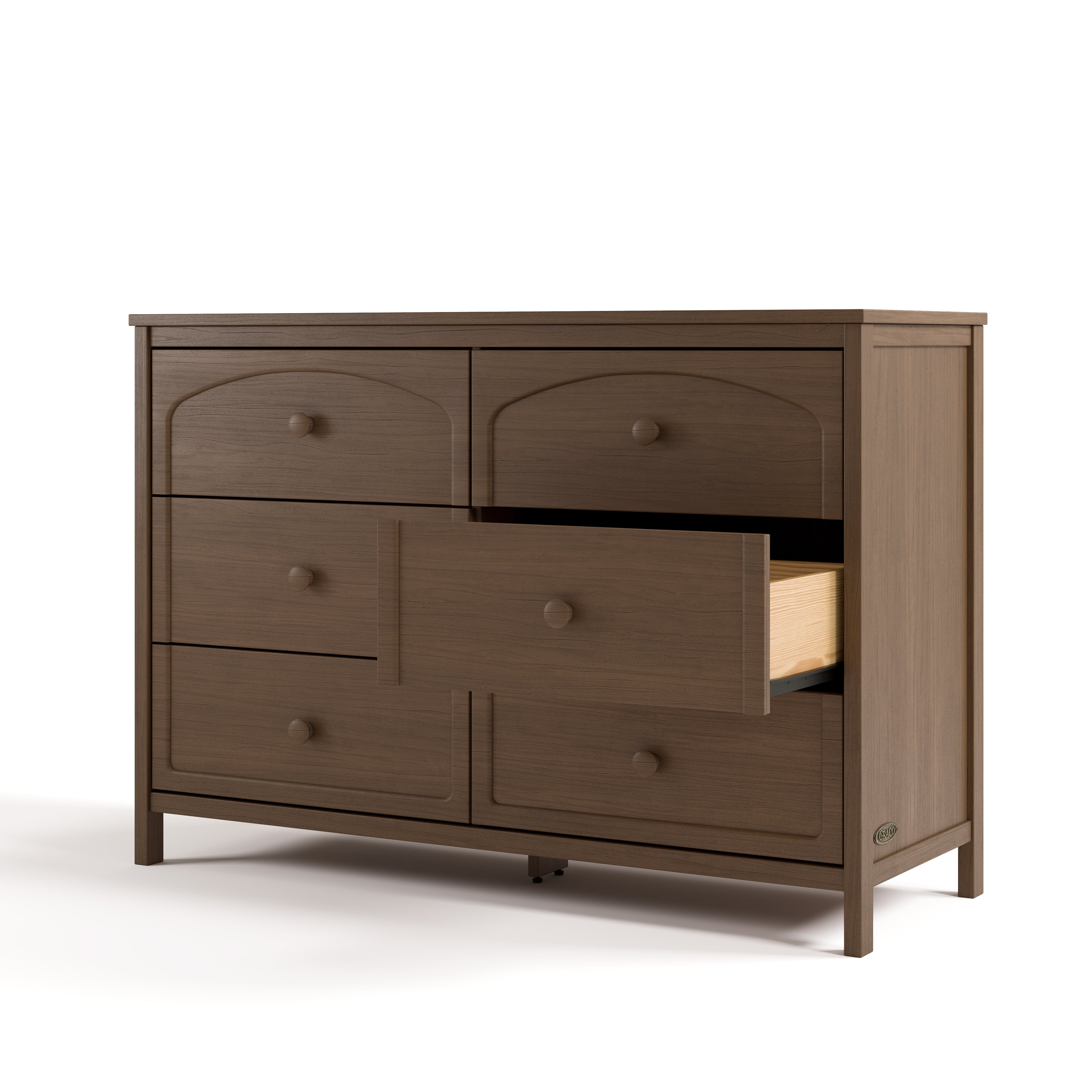Olivia hazelnut 6 drawer dresser angle view with middle right drawer open