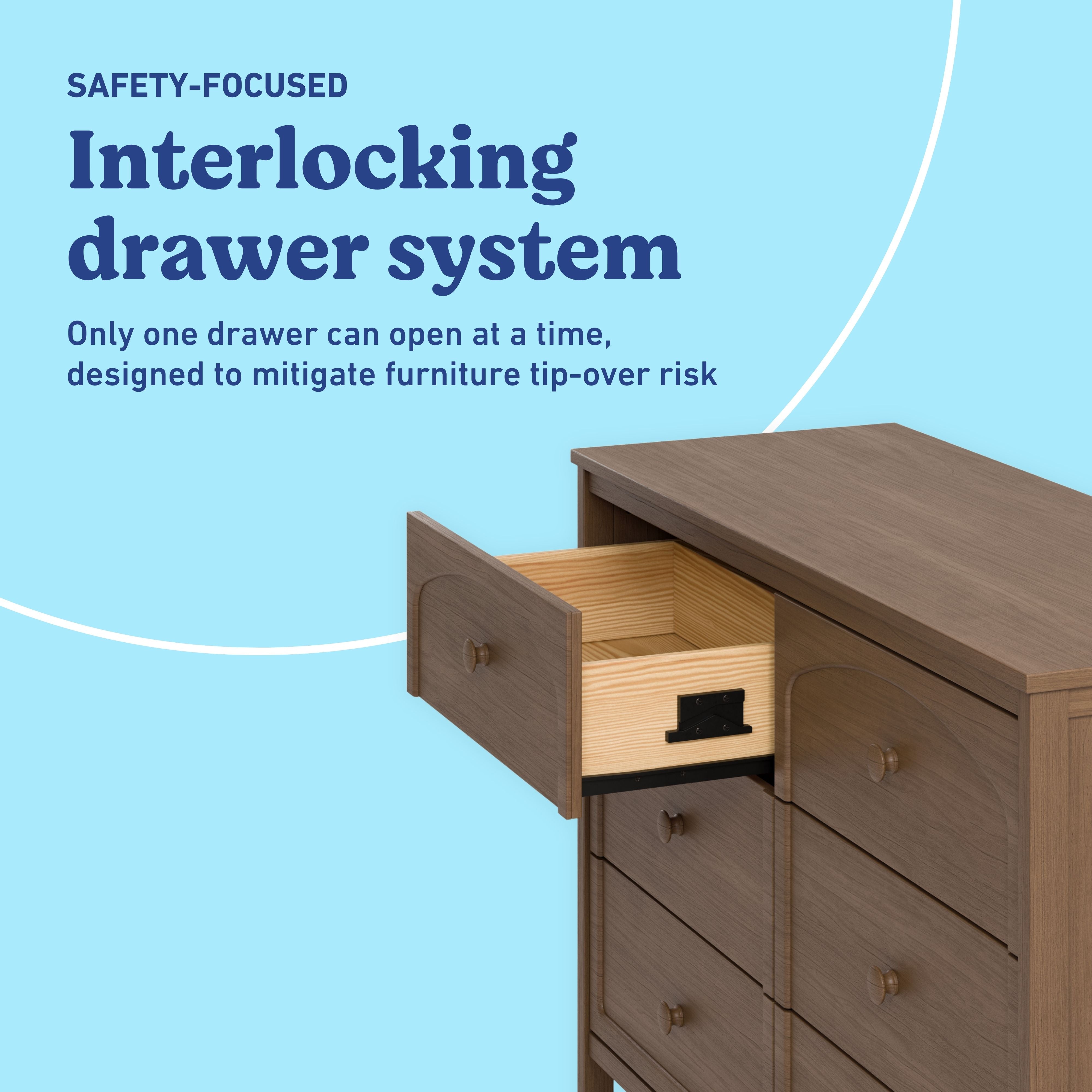 Olivia hazelnut 6 drawer dresser interlocking drawers callout