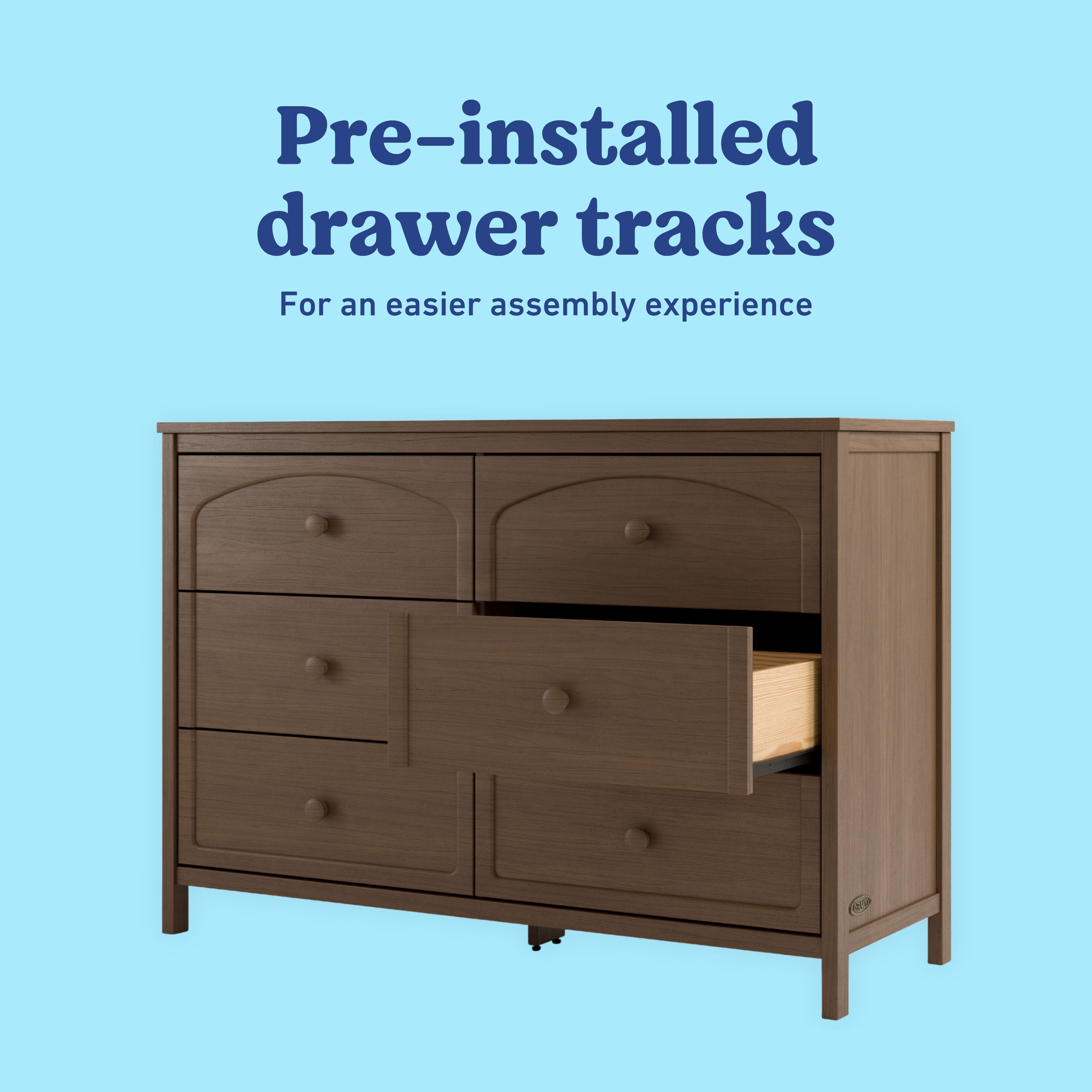 Olivia hazelnut 6 drawer dresser pre-installed tracks callout
