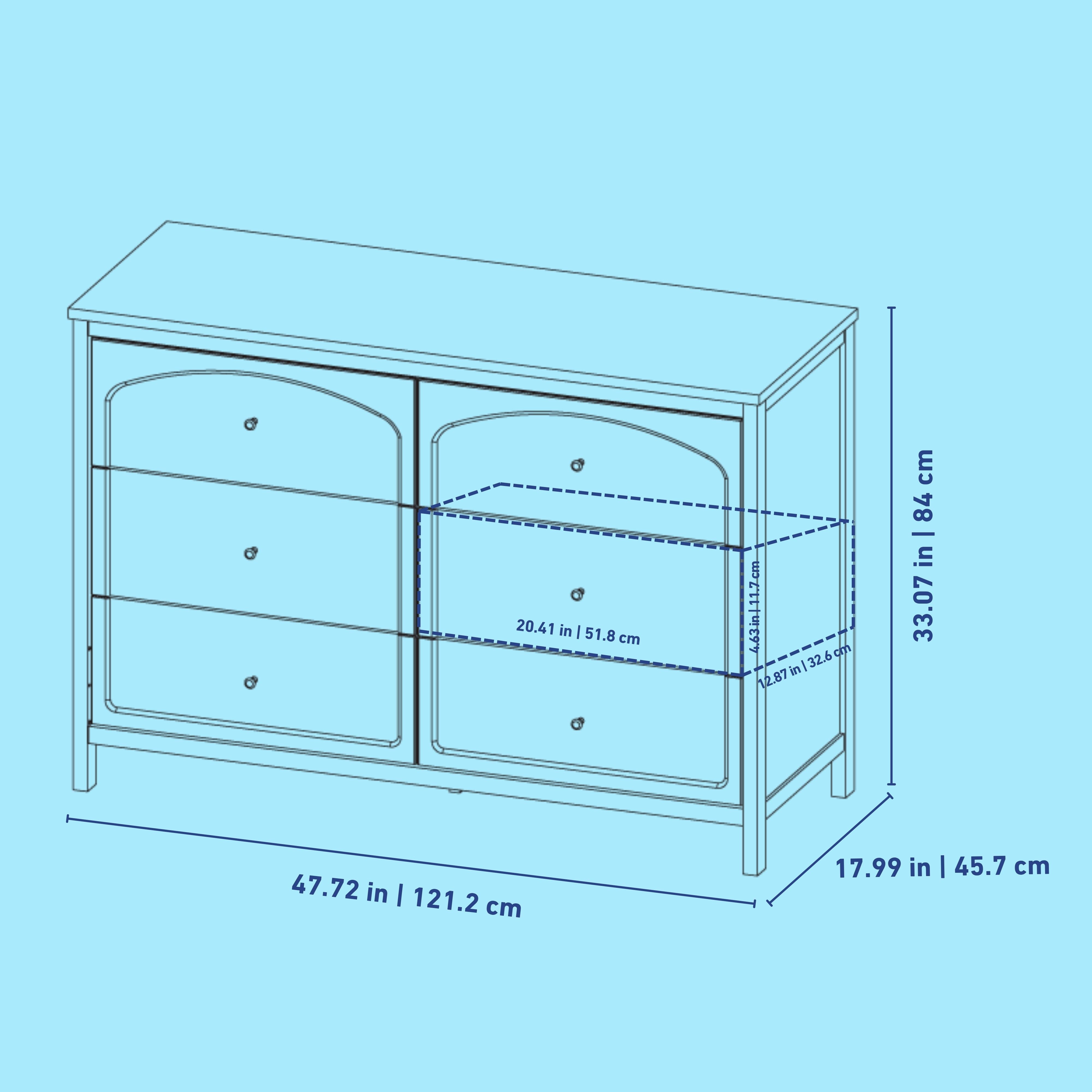 Olivia 6 drawer dresser line drawing with dimensions