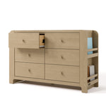 Read-with-Me driftwood 6 drawer dresser with top left drawer open angle view