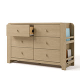 Read-with-Me driftwood 6 drawer dresser with top left drawer open angle view