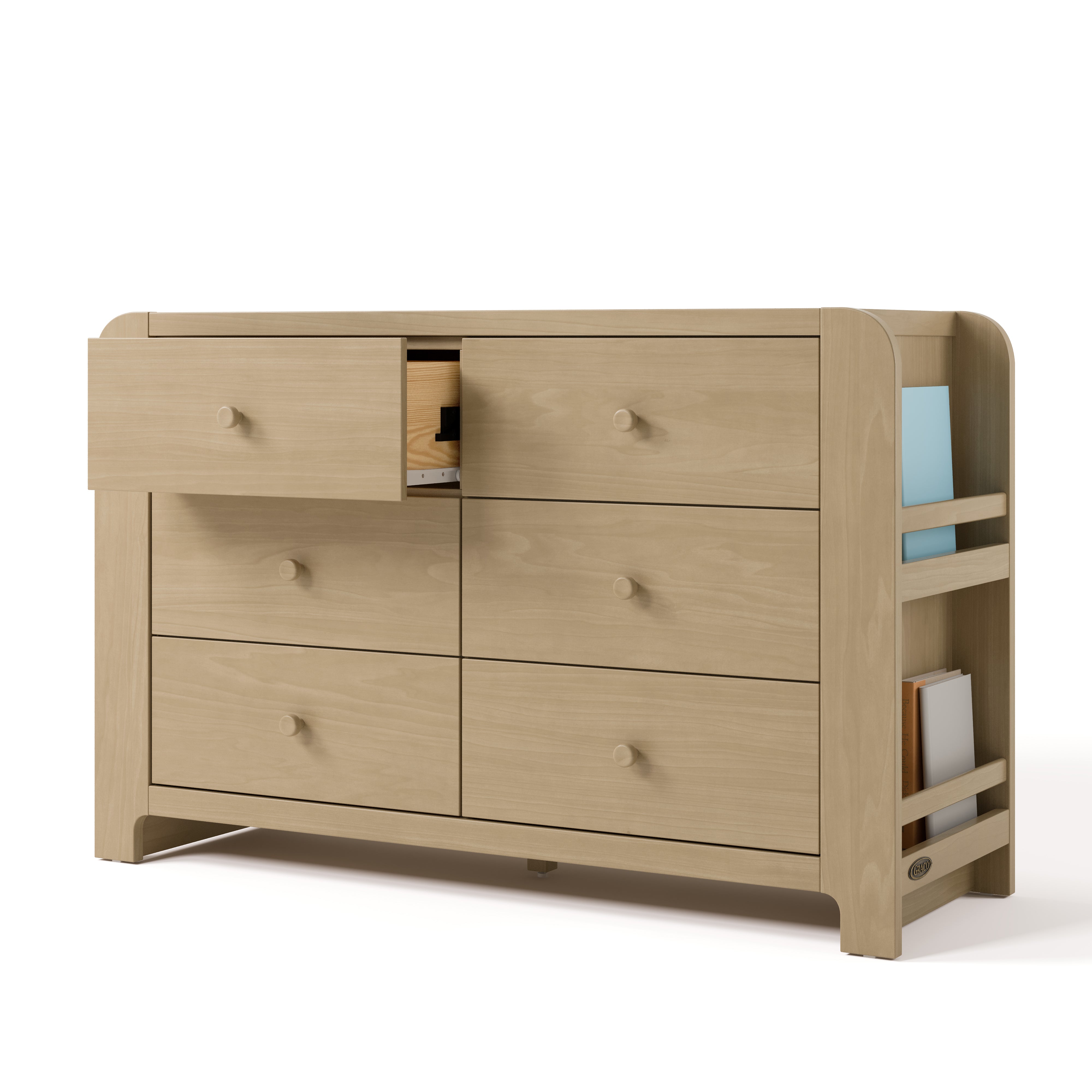 Read-with-Me driftwood 6 drawer dresser with top left drawer open angle view