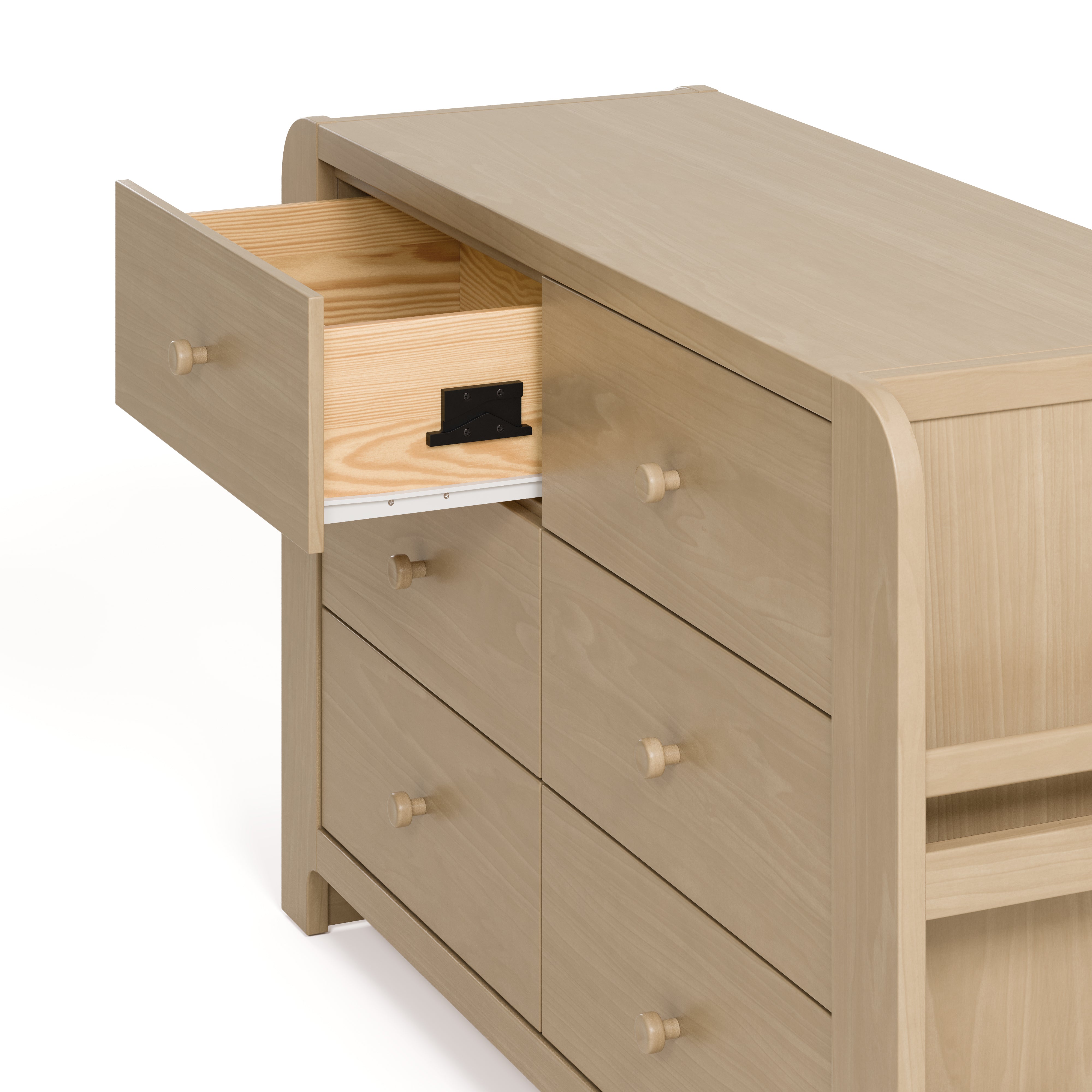 Read-with-Me driftwood 6 drawer dresser close up of top left drawer