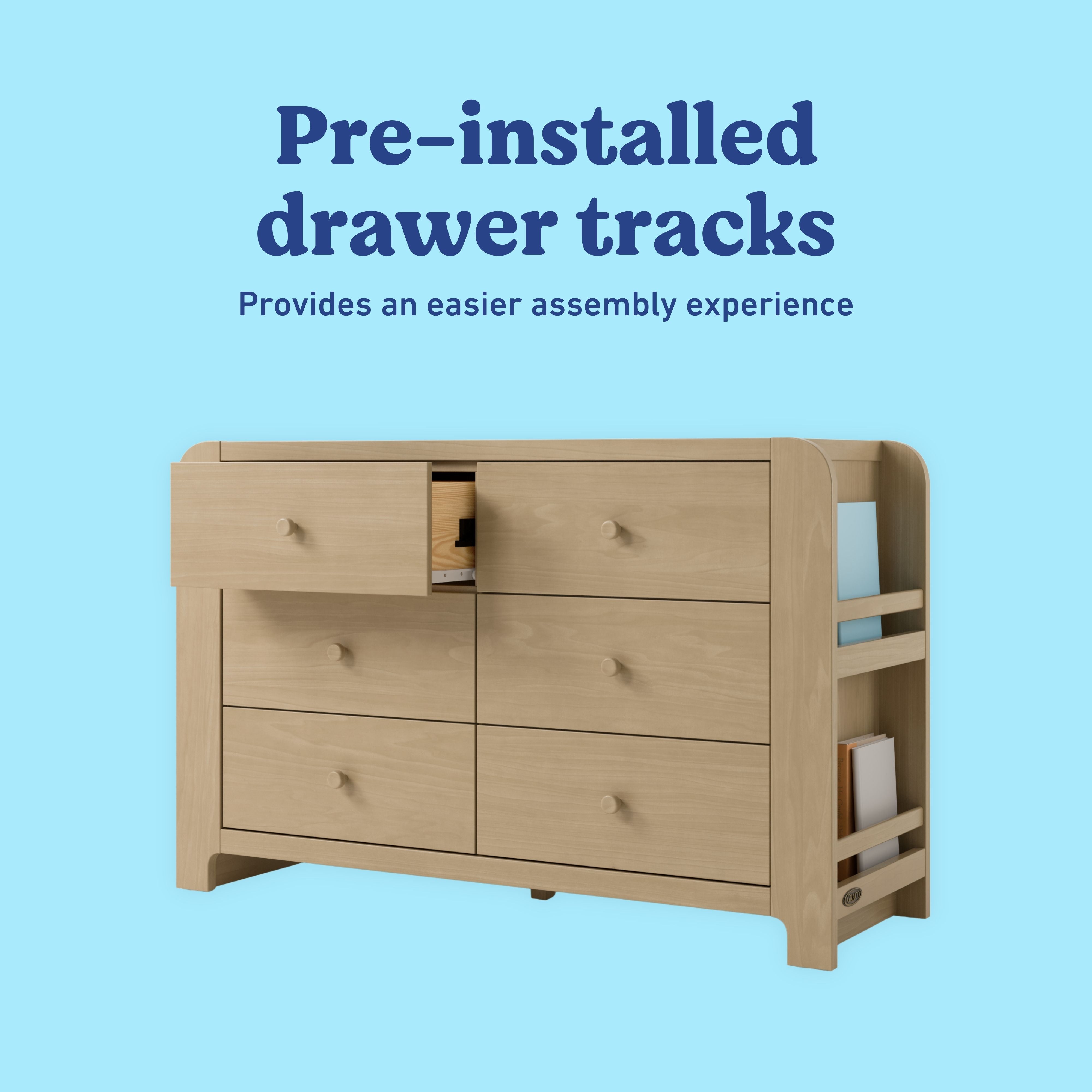 Read-with-Me driftwood 6 drawer dresser pre-installed tracks callout