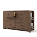 Read-with-Me hazelnut 6 drawer dresser with top left drawer open angle view