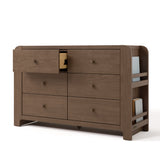 Read-with-Me hazelnut 6 drawer dresser with top left drawer open angle view