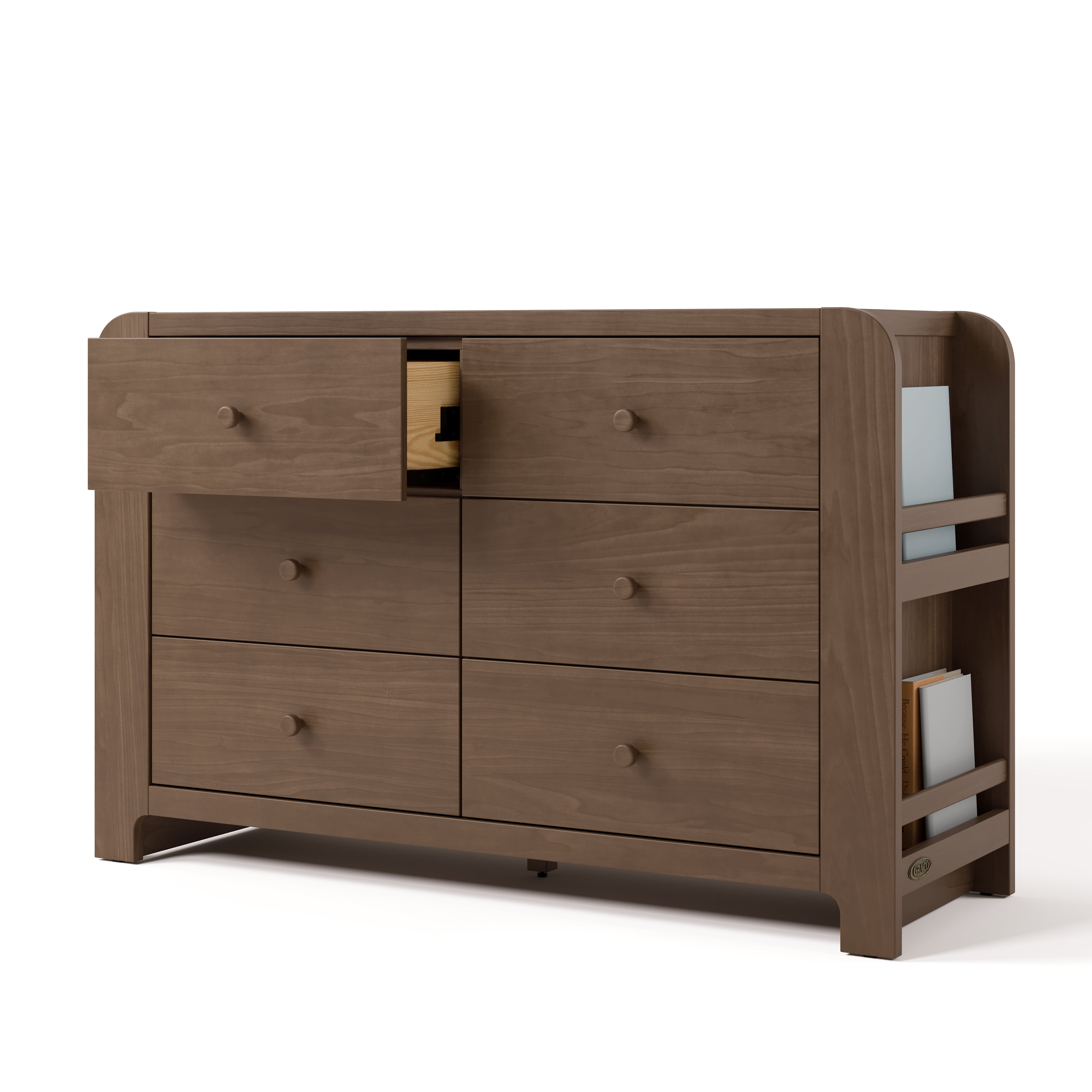 Read-with-Me hazelnut 6 drawer dresser with top left drawer open angle view