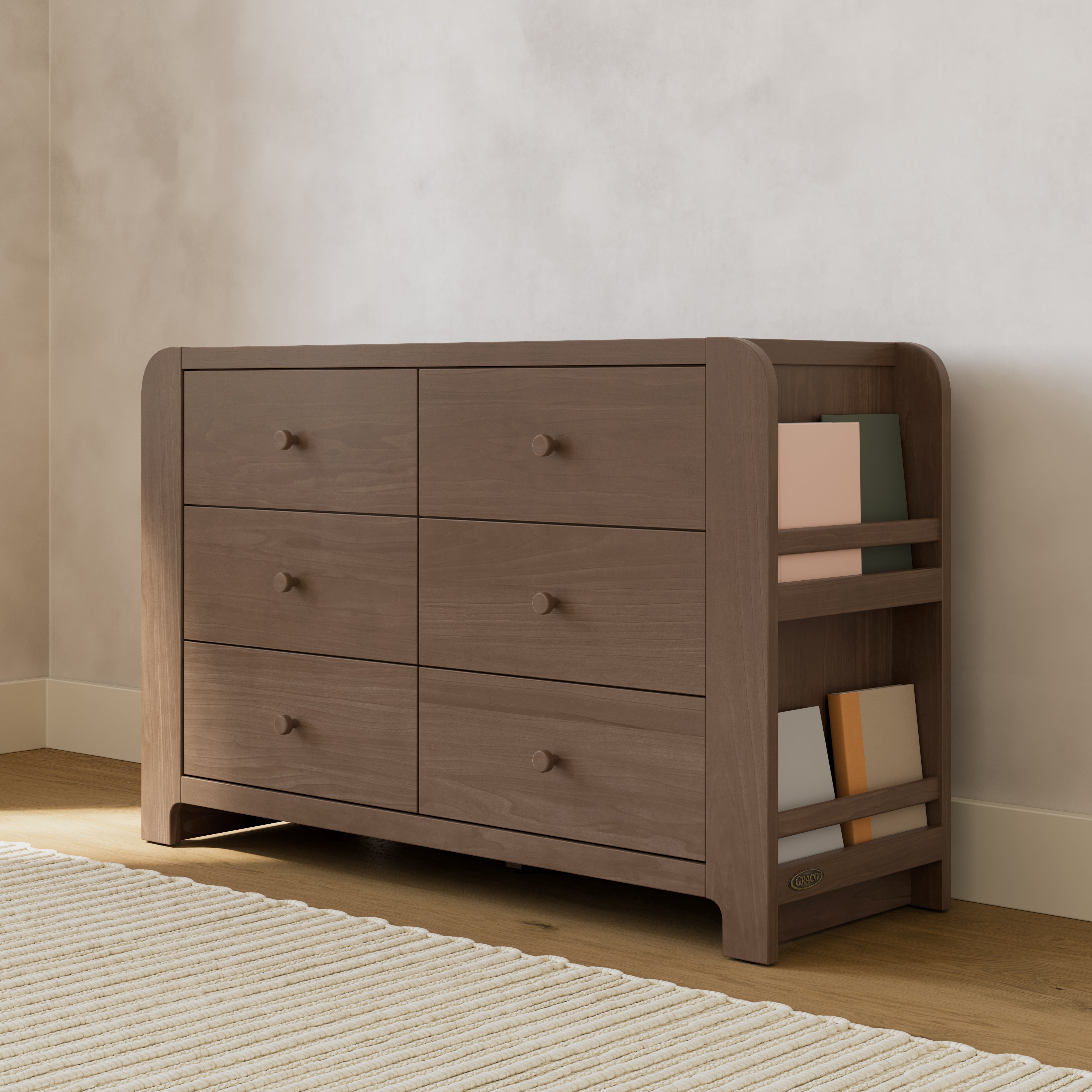 Read-with-Me hazelnut 6 drawer dresser in a nursery