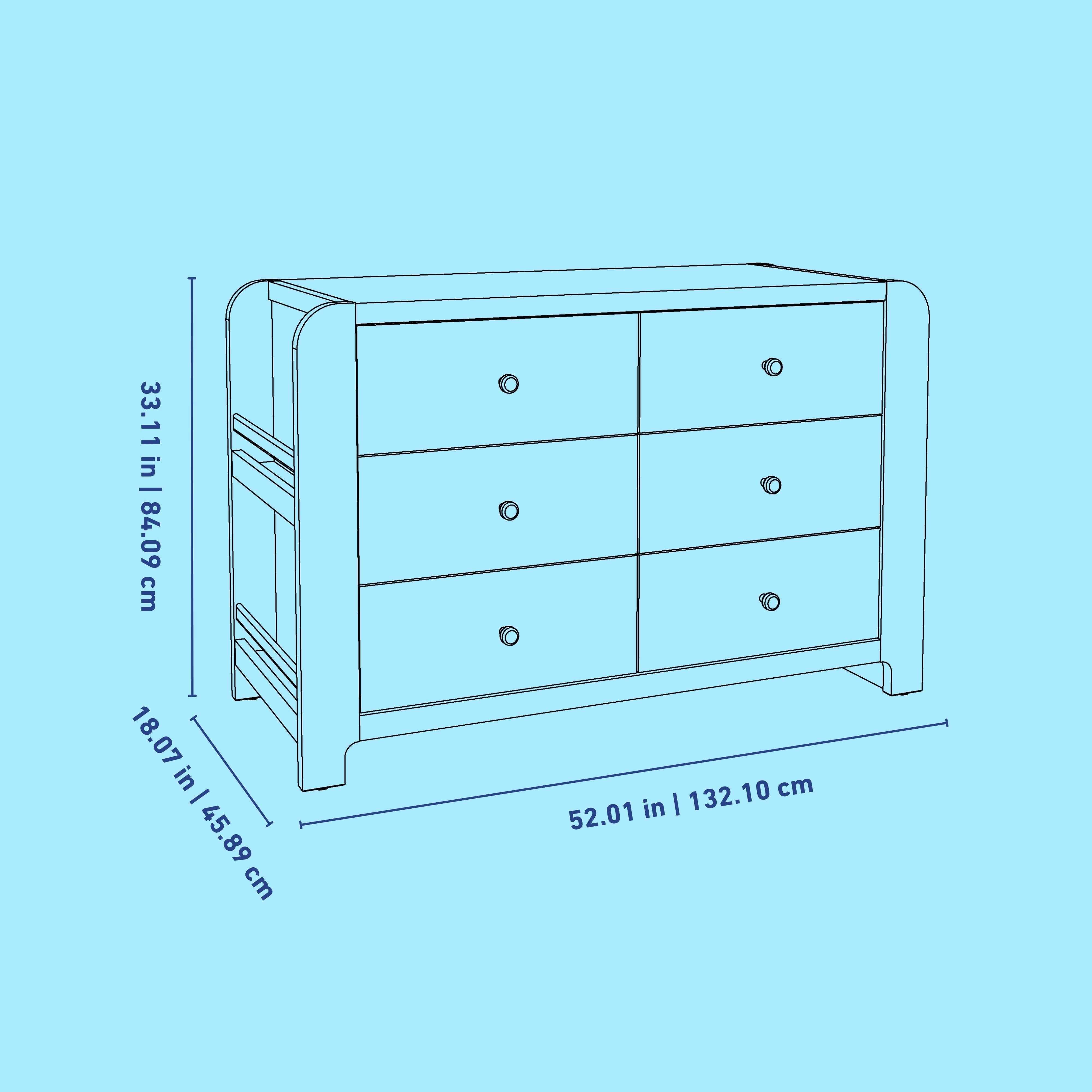 Read-with-Me 6 drawer dresser line drawing with dimensions