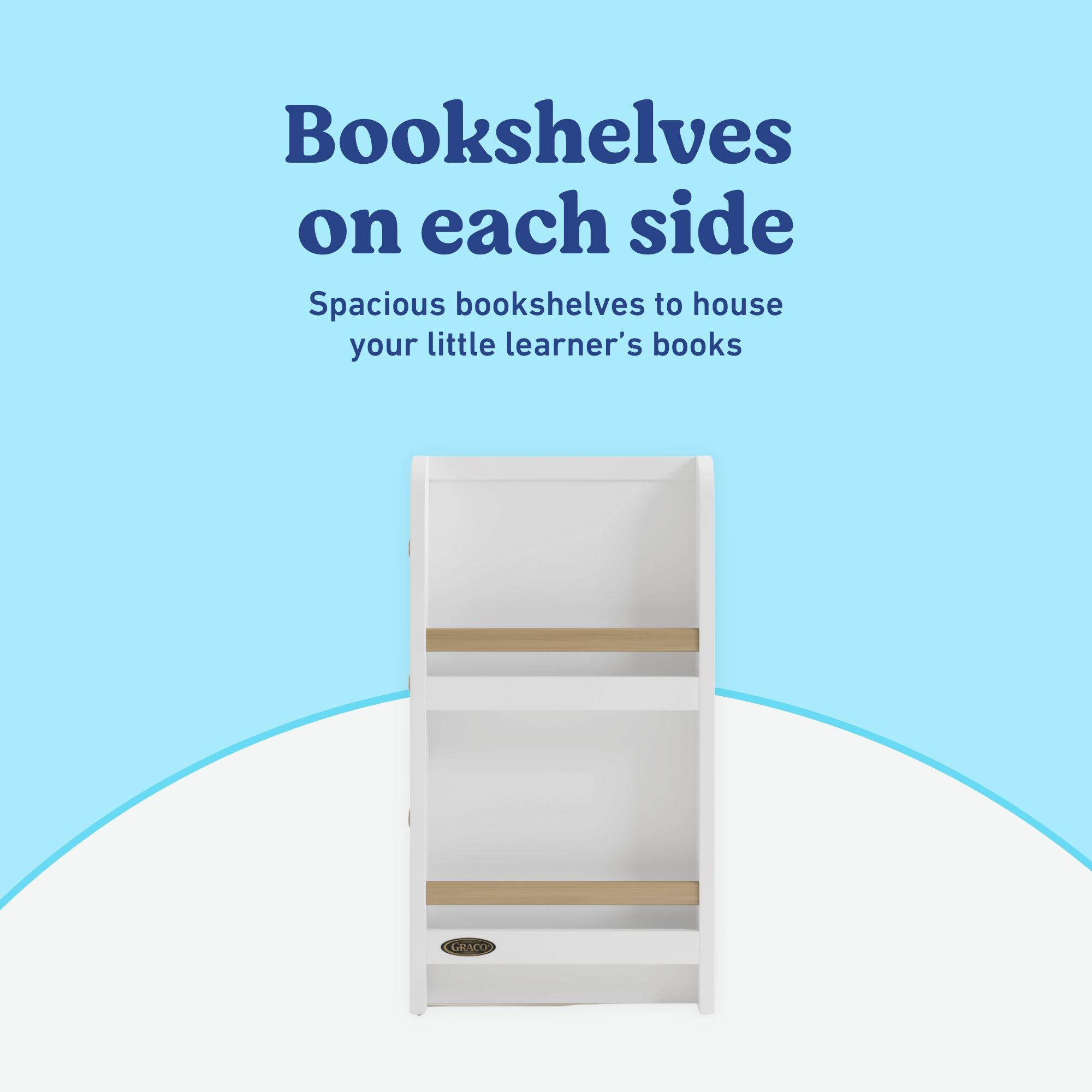 Read-with-Me 6 drawer dresser in white with driftwood bookshelf callout